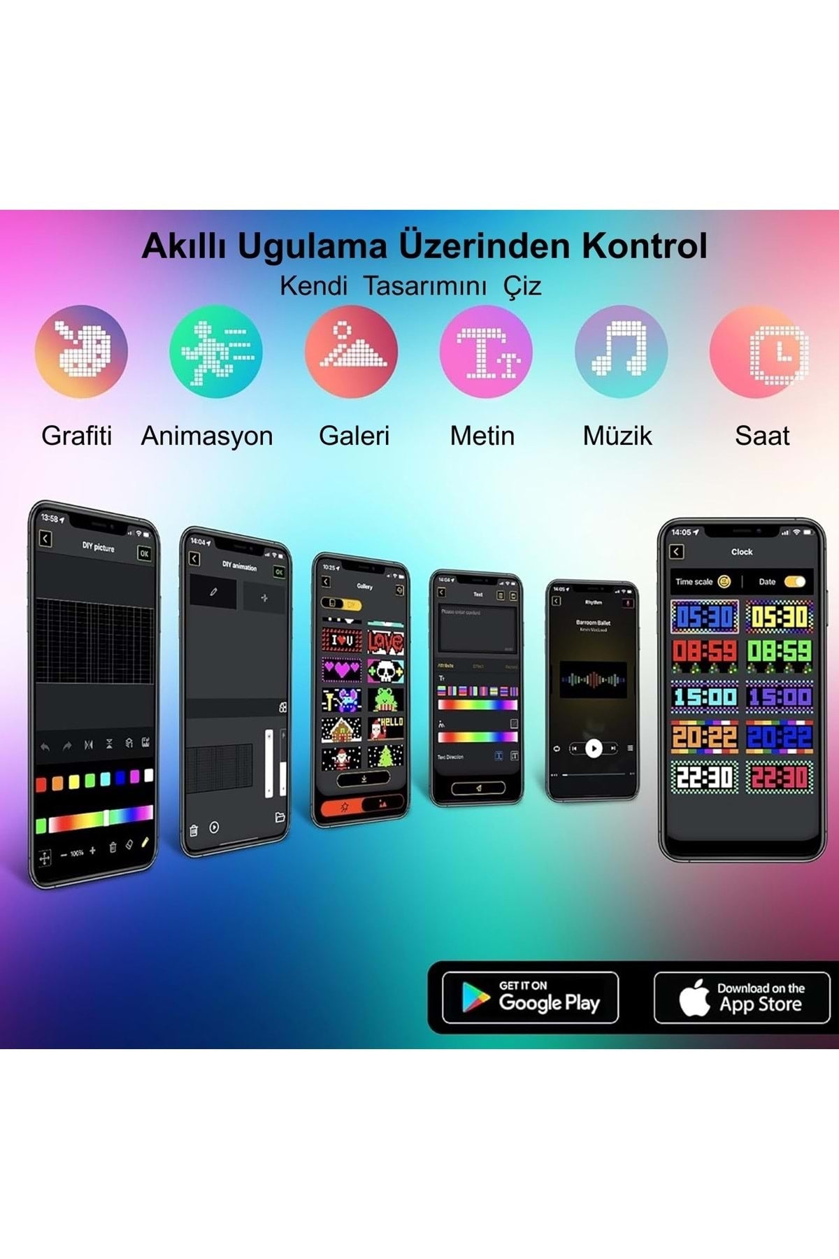 HyMark 35x10cm Programlanabilir LED Matrix Kayan Yazı 20x64 Pixel Emoji Tabela Araba Bluetooth APP