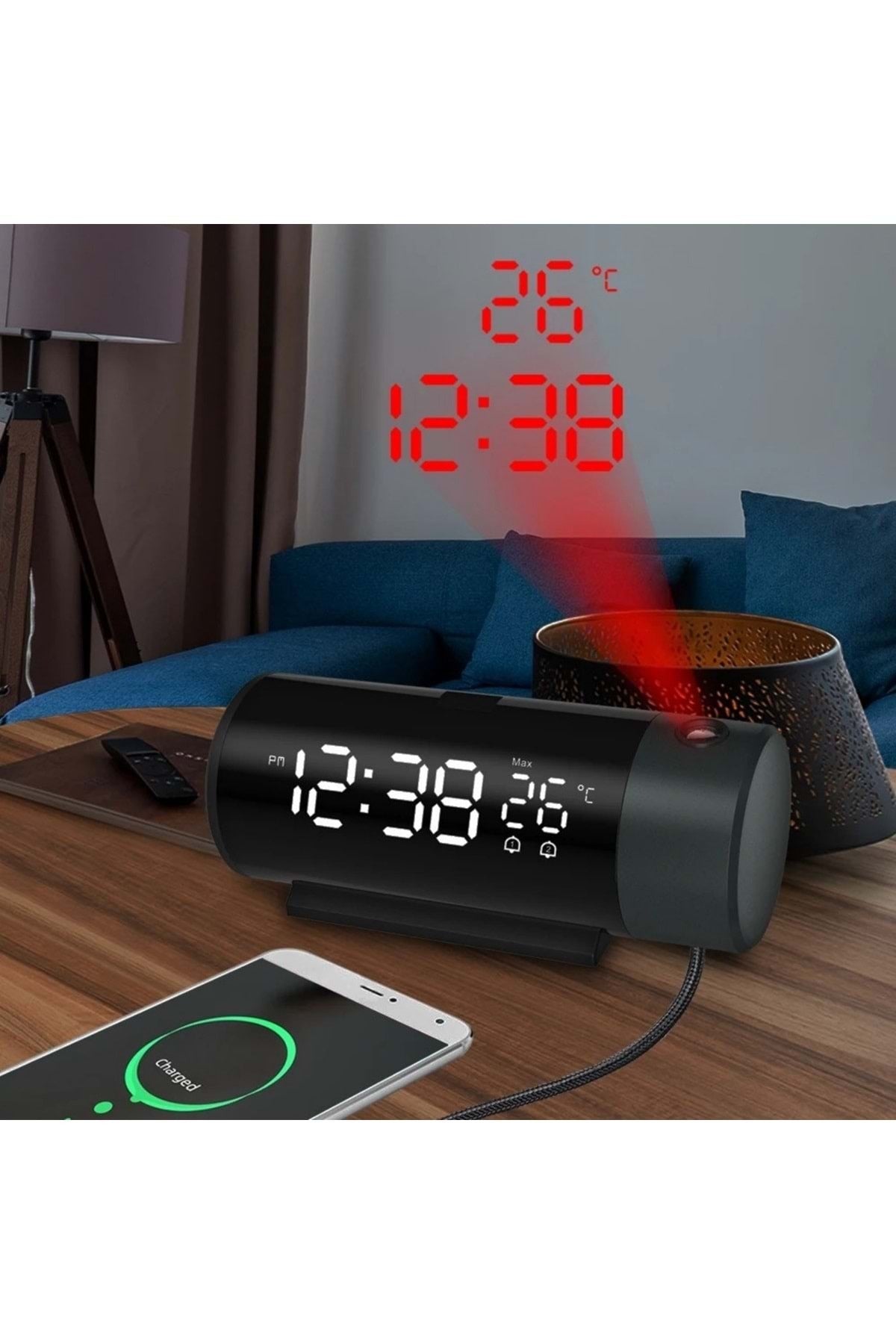 HyMark Projeksiyonlu Silindir USB Güç LED Ekran Çalar Saat Sıcaklık Çift Alarm