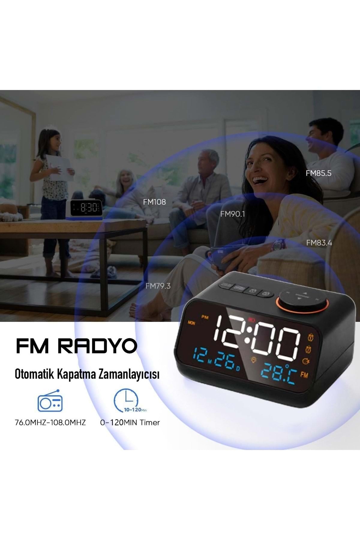 HyMark Dekoratif LED Dijital Saat FM Radyo 2 Alarm Sıcaklık ve Nem Göstergeli Şarjlı Pilli Saat