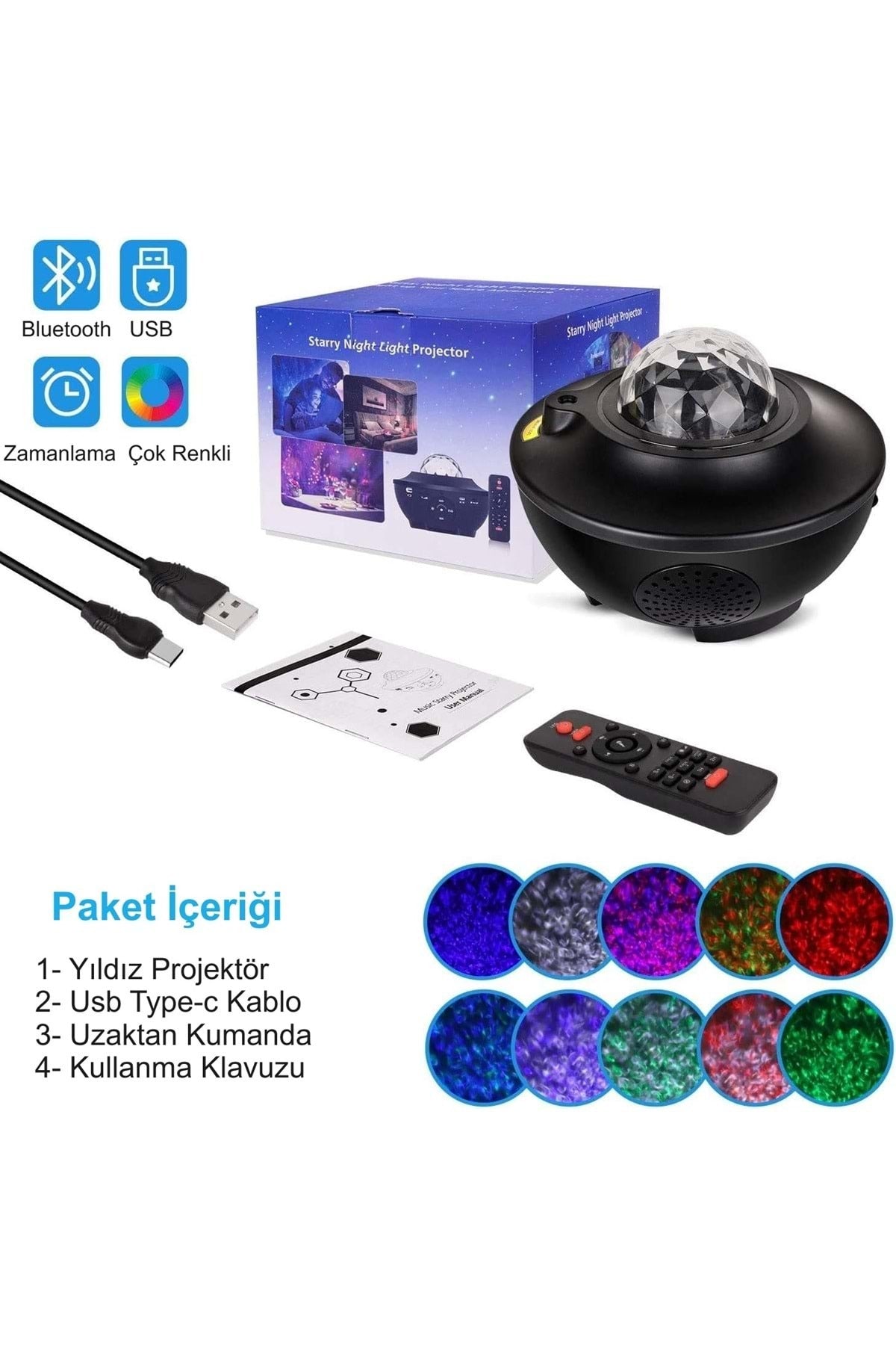 HyMark Led Yıldız Bluetooth Hoparlör Usb Projektör Okyanus Dalgası 21 Modlu Gece Lambası