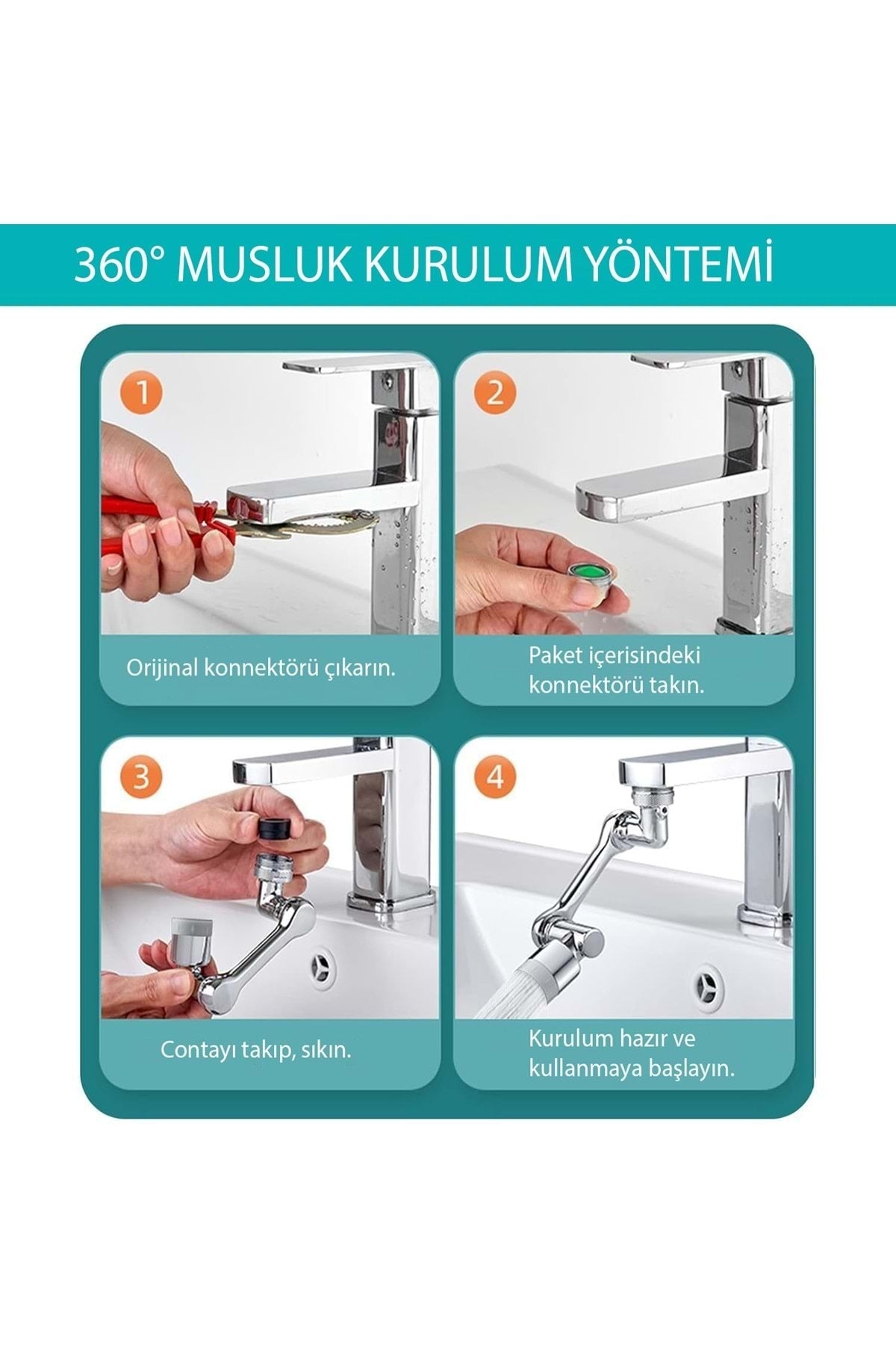 HyMark 1080 Derece Dönebilen Evrensel 2 Modlu Robotik Kol Mutfak Banyo Musluk Başlığı