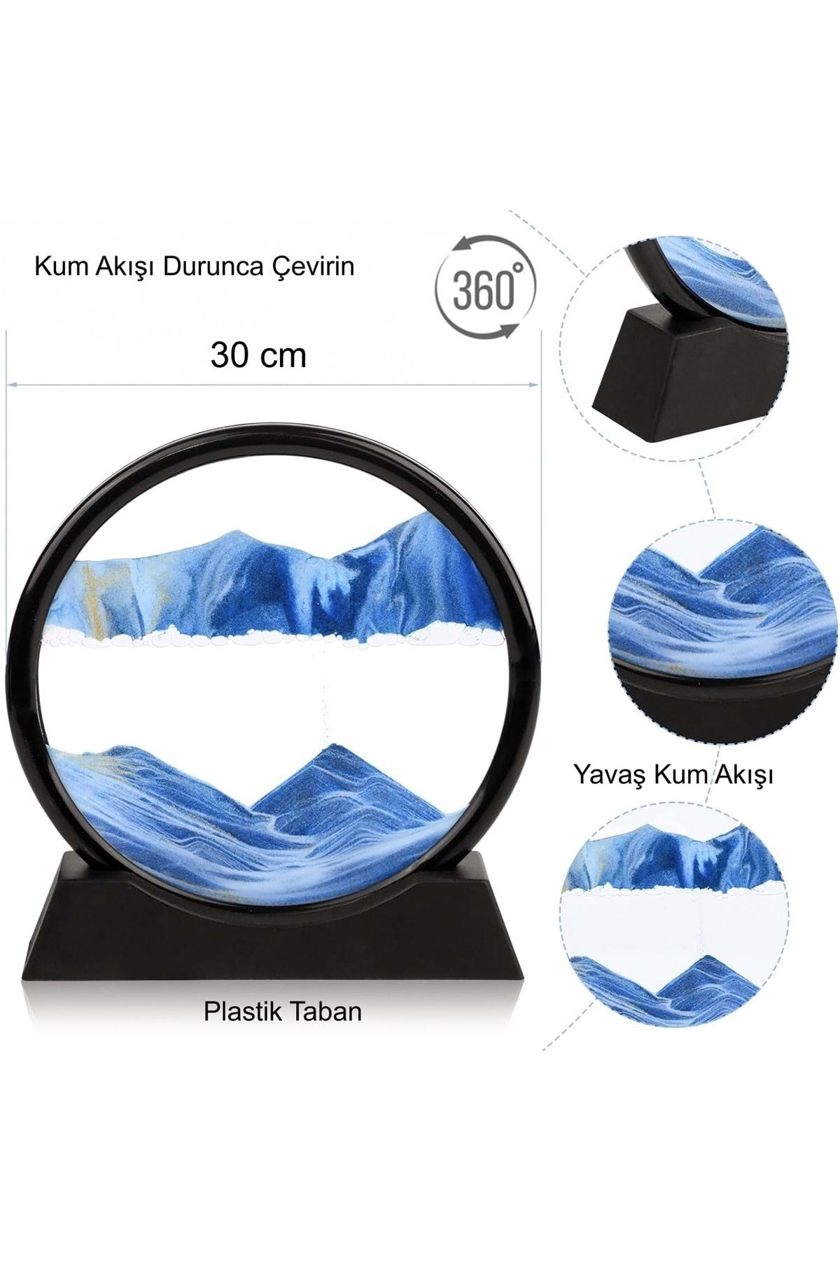 HyMark Hareketli 3D Kum Saati 30cm Büyük Boy Mavi Yuvarlak 12inch Cam Dekoratif Sanatsal Rahatlatıcı