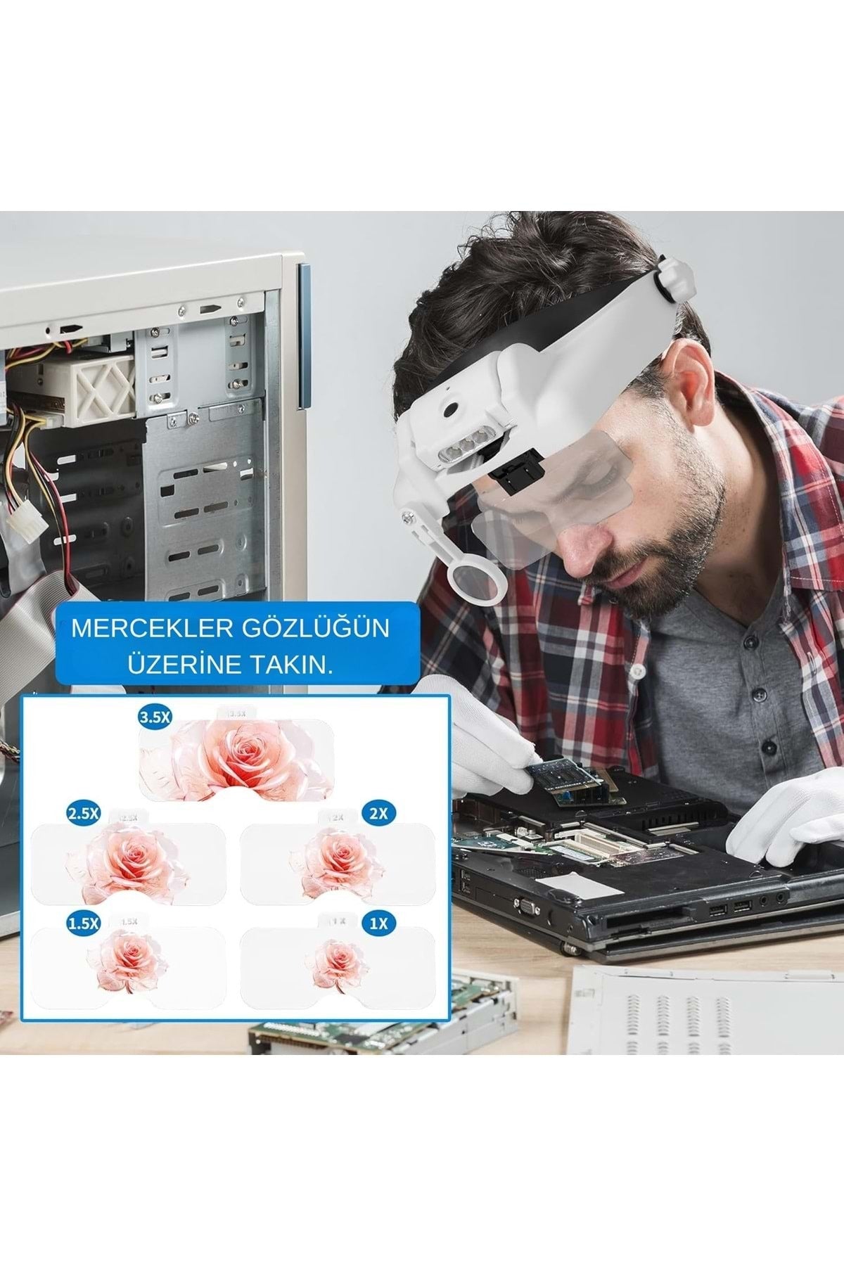 HyMark Kafa Bandı MG82000MC Büyüteç Gözlük LED Işıklı Şarjlı Pil Çoklu Değiştirilebilir Lens Ayarlı
