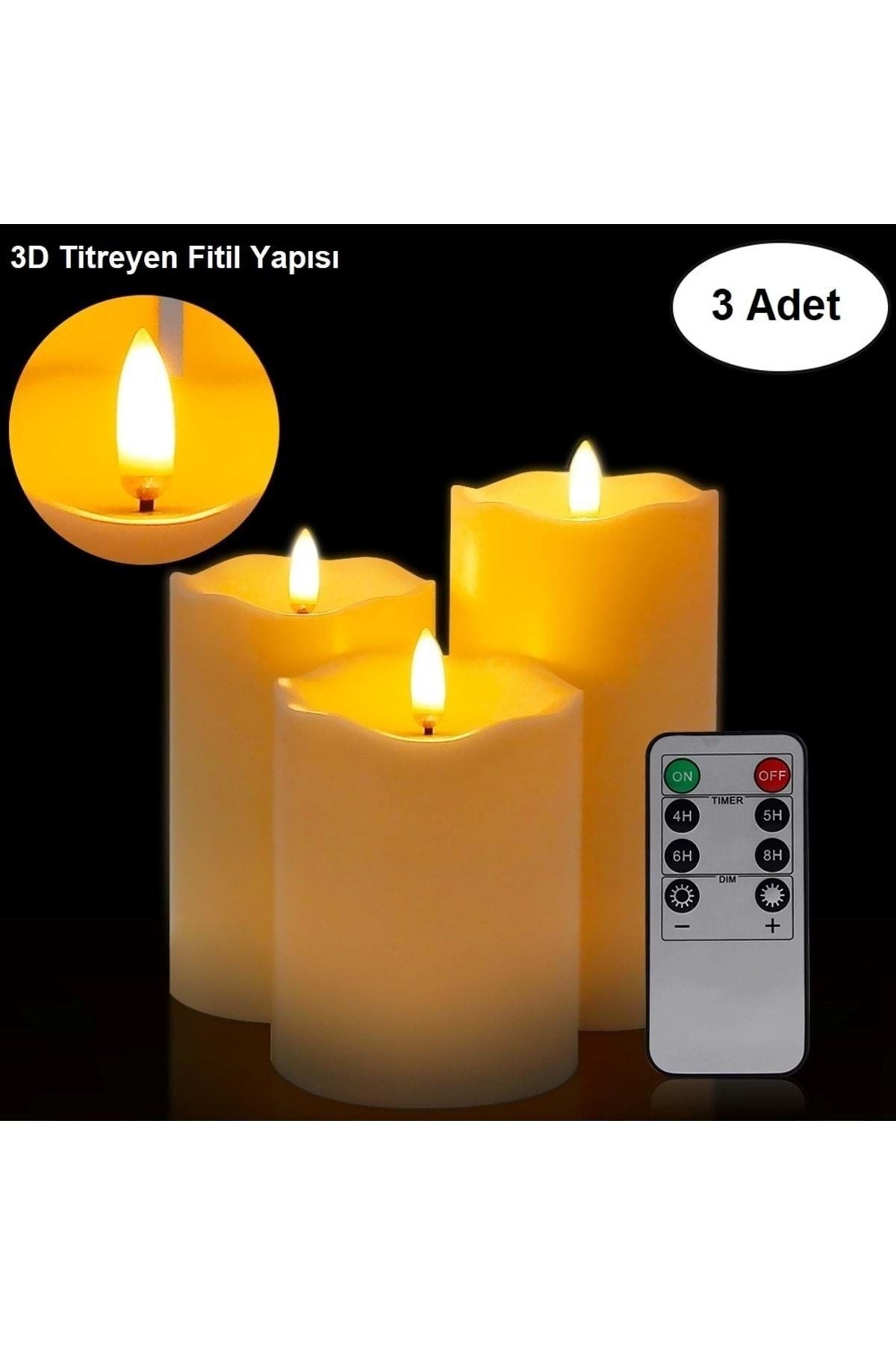 HyMark Alevsiz Titreyen Led Mum Büyük Boy 3lü Set Kumandalı