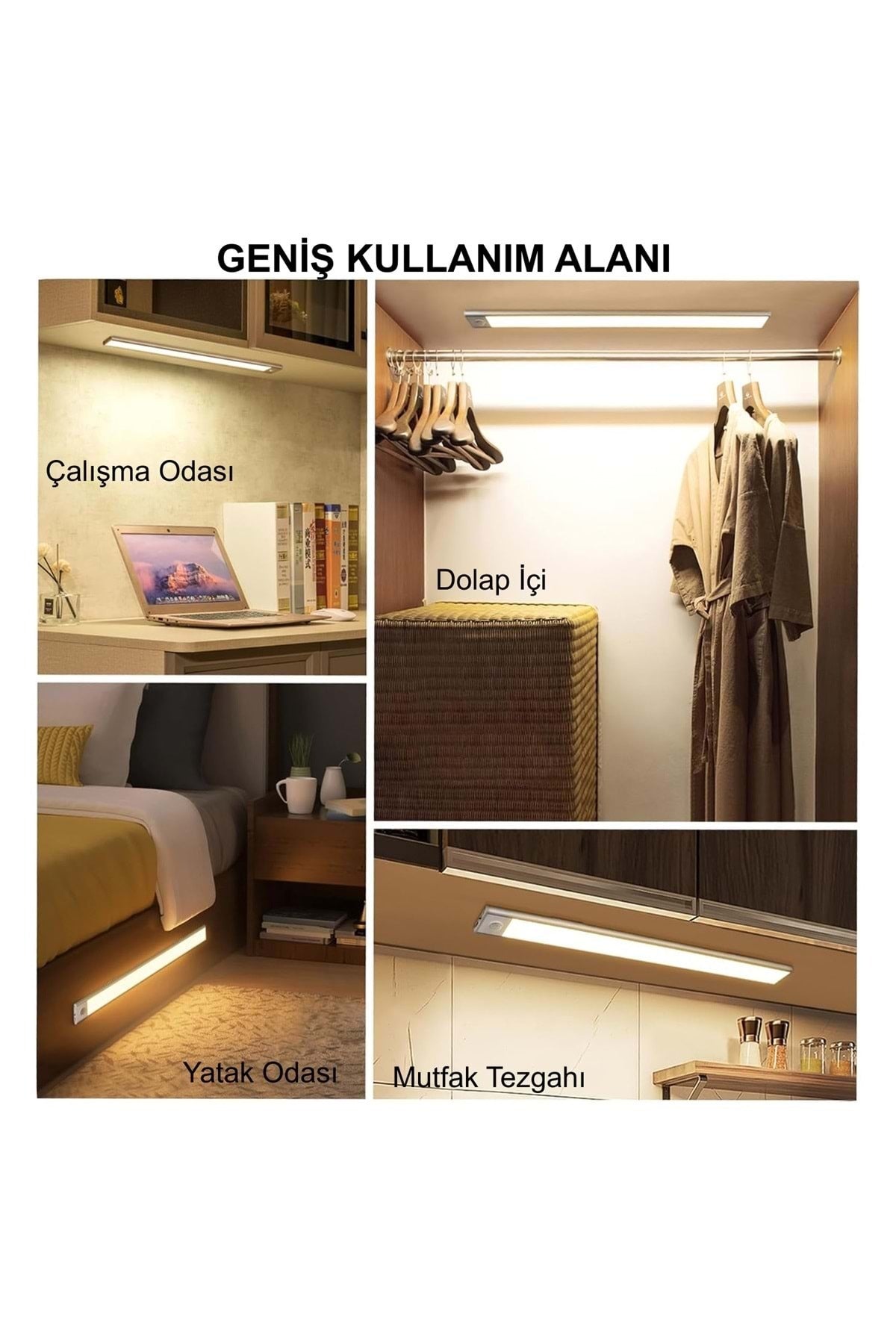 HyMark 40cm Sensörlü Alüminyum USB Şarjlı LED Gece Lambası 3 Renk Kısılabilir Mutfak Dolap Tezgah
