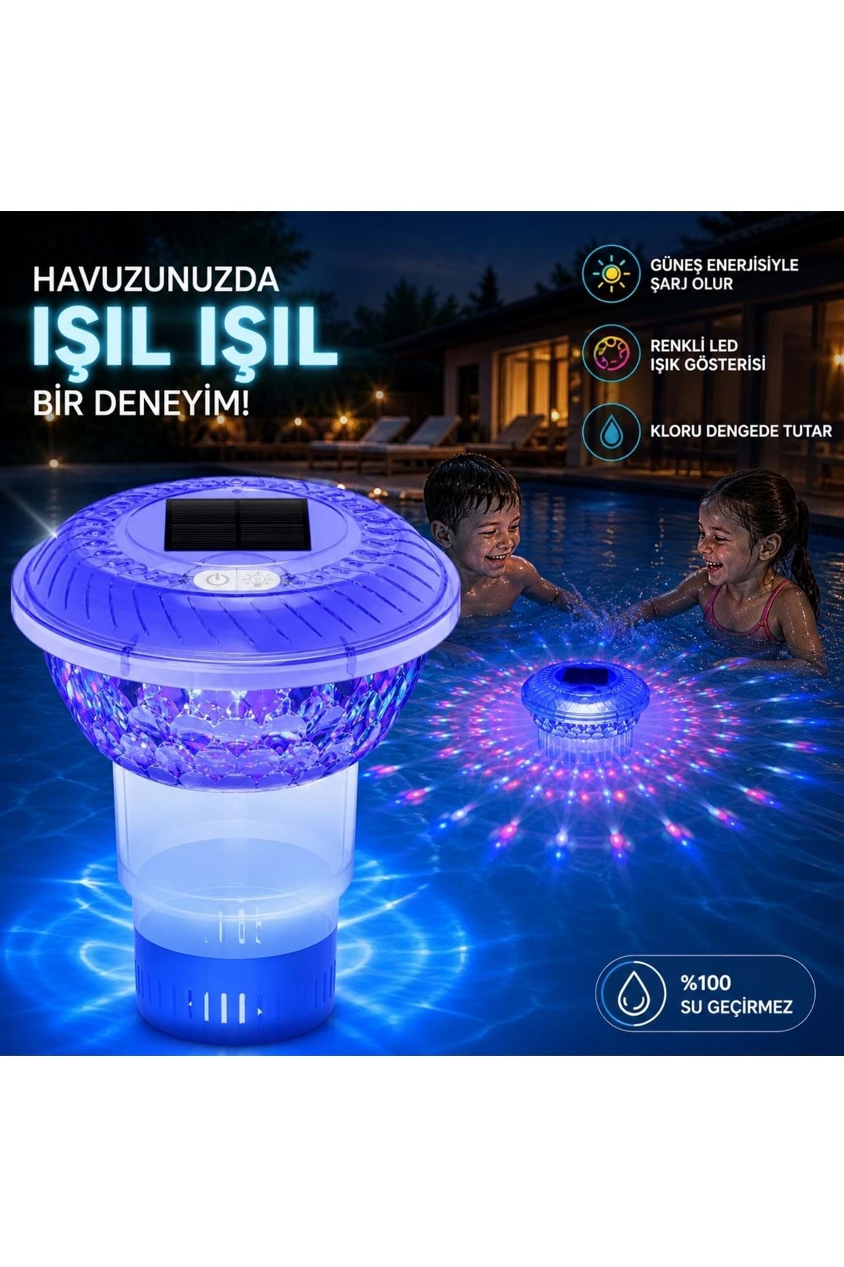 HyMark Güneş Enerjili RGB Uzaktan Kumandalı Su Geçirmez Havuz Klor Şamandırası
