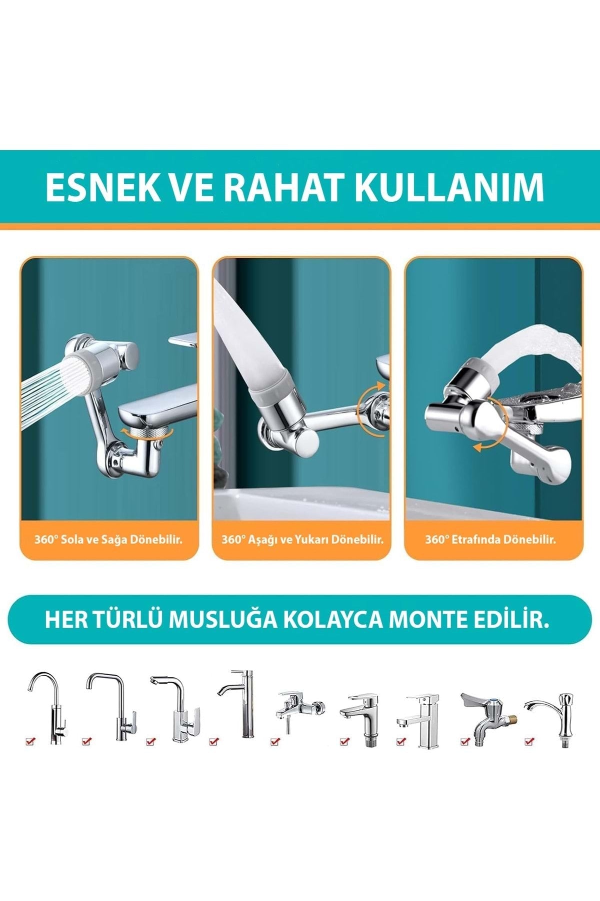 HyMark 1080 Derece Dönebilen Evrensel 2 Modlu Robotik Kol Mutfak Banyo Musluk Başlığı