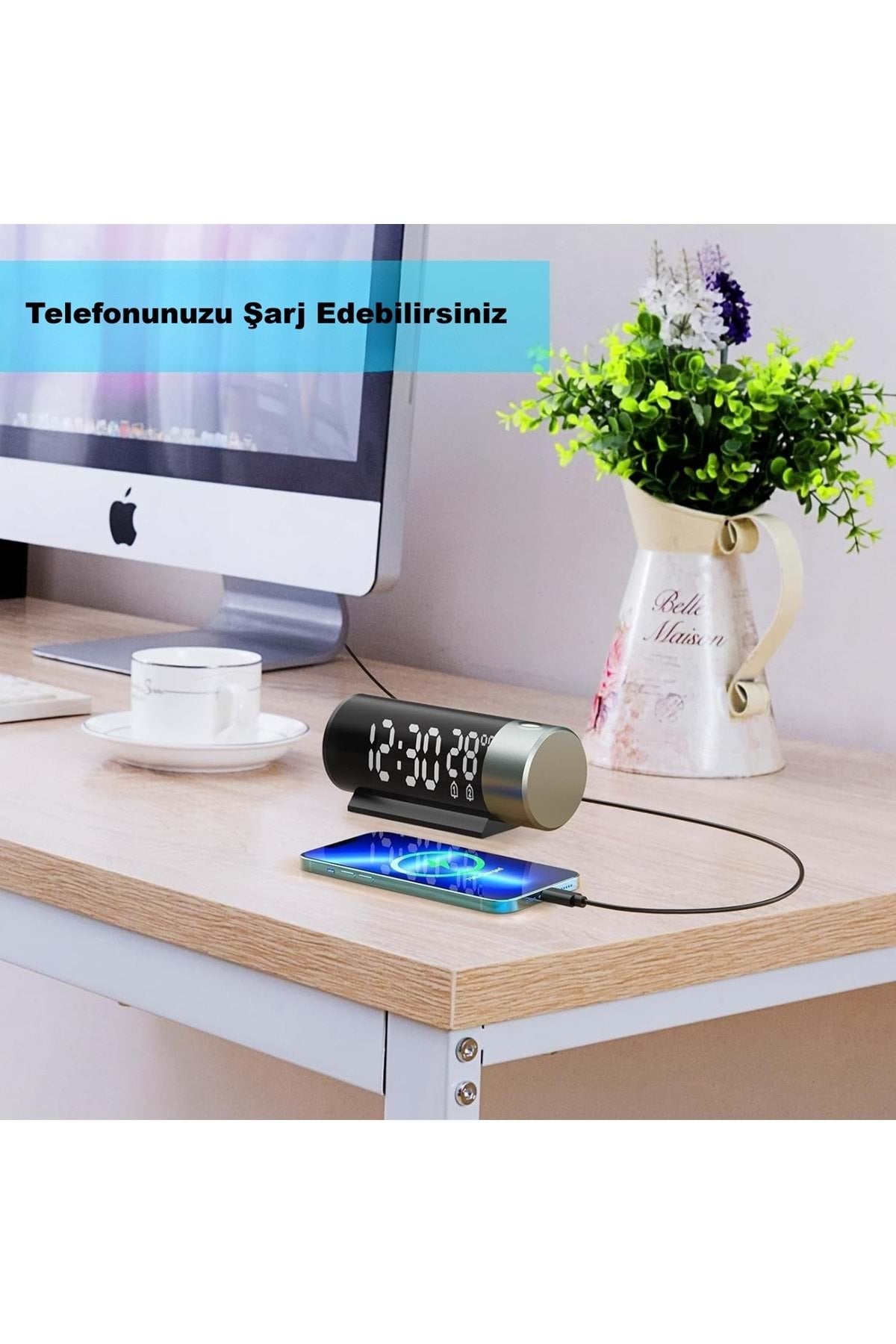 HyMark Projeksiyonlu Silindir USB Güç LED Ekran Çalar Saat Sıcaklık Çift Alarm