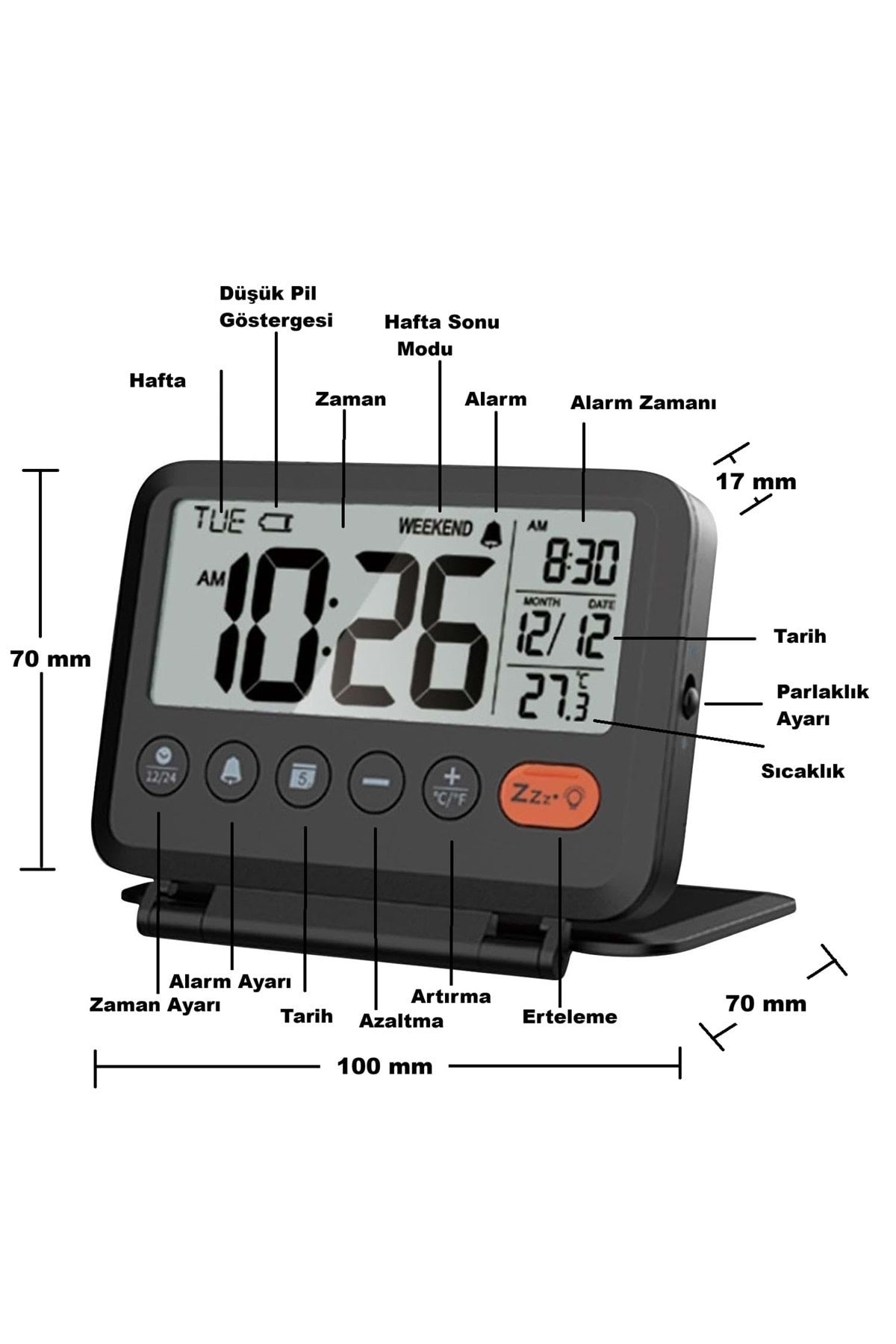 HyMark LCD Katlanır 10x8cm Dijital Masa Saati Çalar Saat Takvim Sıcaklık Led Pilli Seyahat Ofis Ev