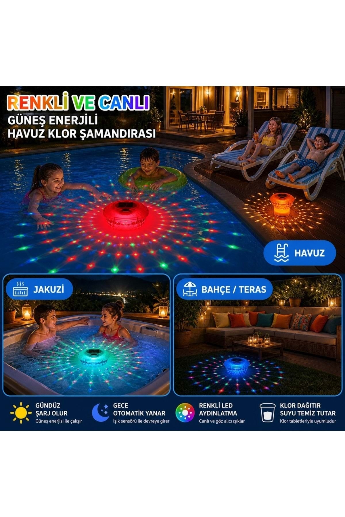 HyMark Güneş Enerjili RGB Uzaktan Kumandalı Su Geçirmez Havuz Klor Şamandırası