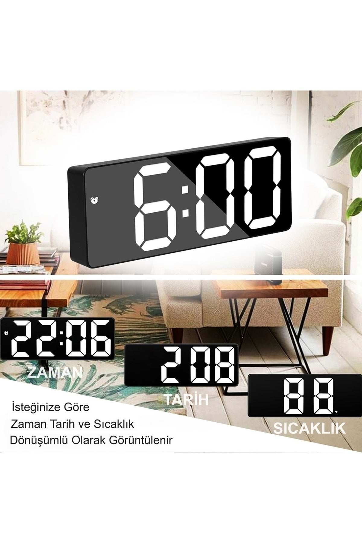 HyMark LED Ekran USB Güç Dijital Aynalı Masa Saati Sıcaklık Alarm Takvim/ADPT