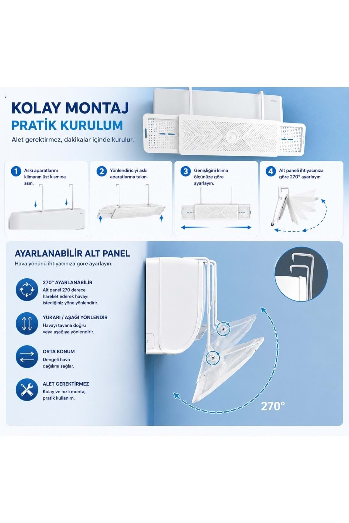 HyMark Askılı Ayarlanabilir 56-95cm Klima Yönlendirici Aparat Klima Rüzgar Önleyici Deflektör