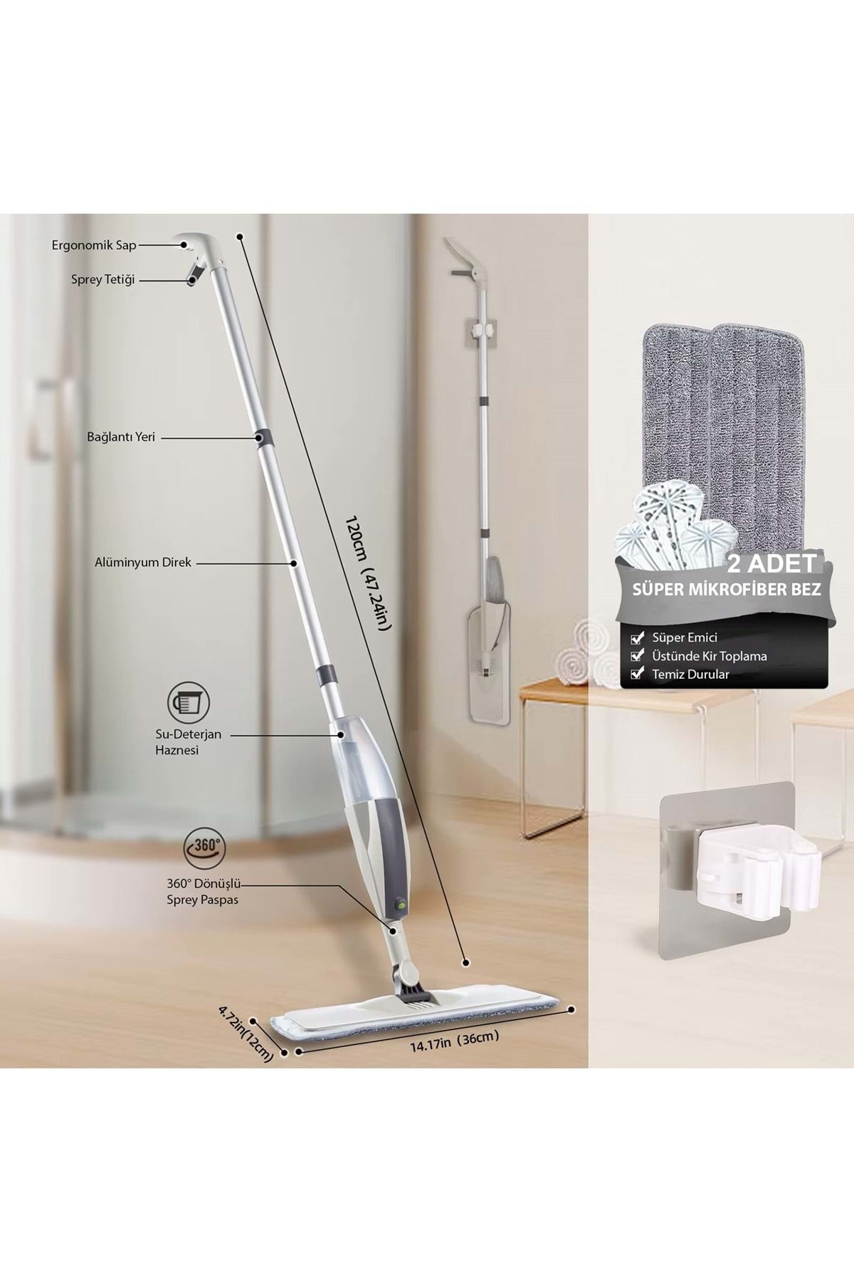 HyMark Sprey Mop Su Deterjan Hazneli 360 Derece Dönen Mikrofiber Bez Temizlik Seti