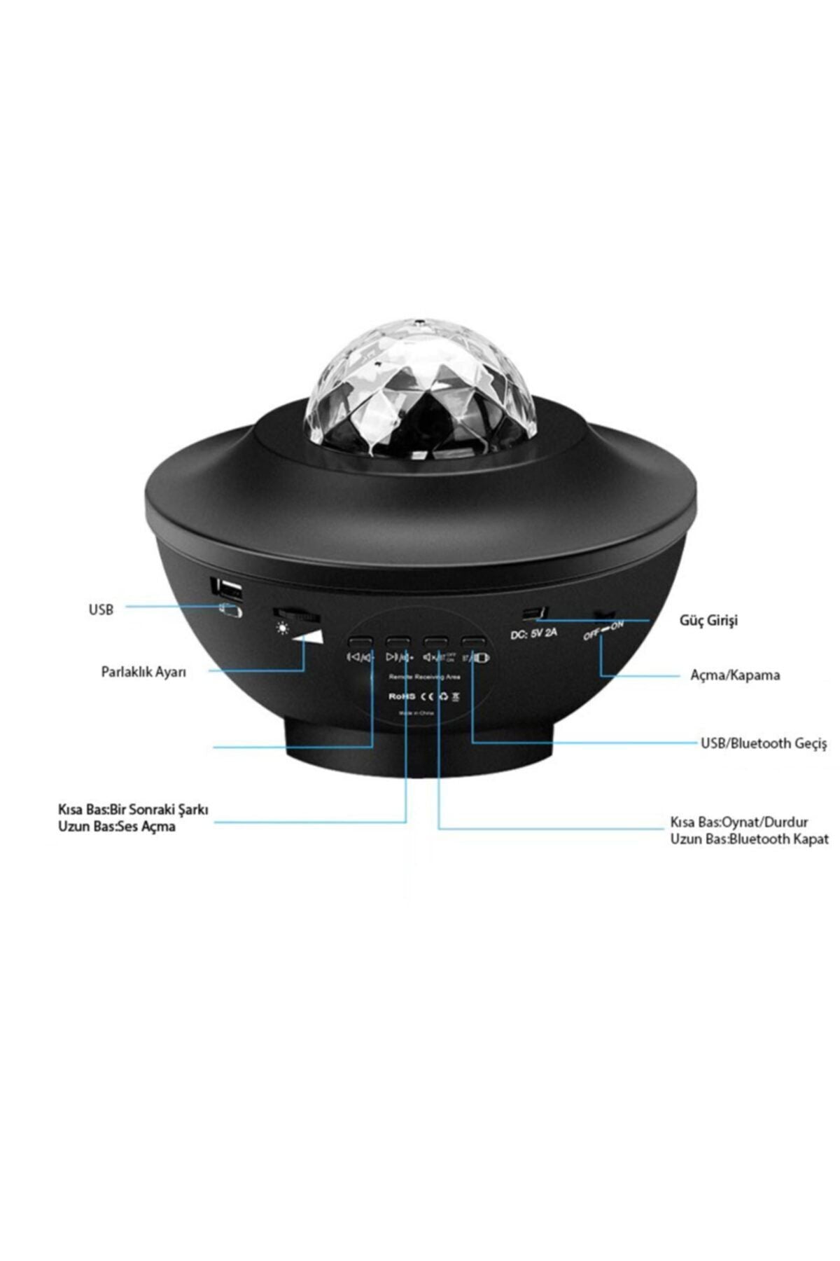 HyMark Led Yıldız Bluetooth Hoparlör Usb Projektör Okyanus Dalgası 21 Modlu Gece Lambası