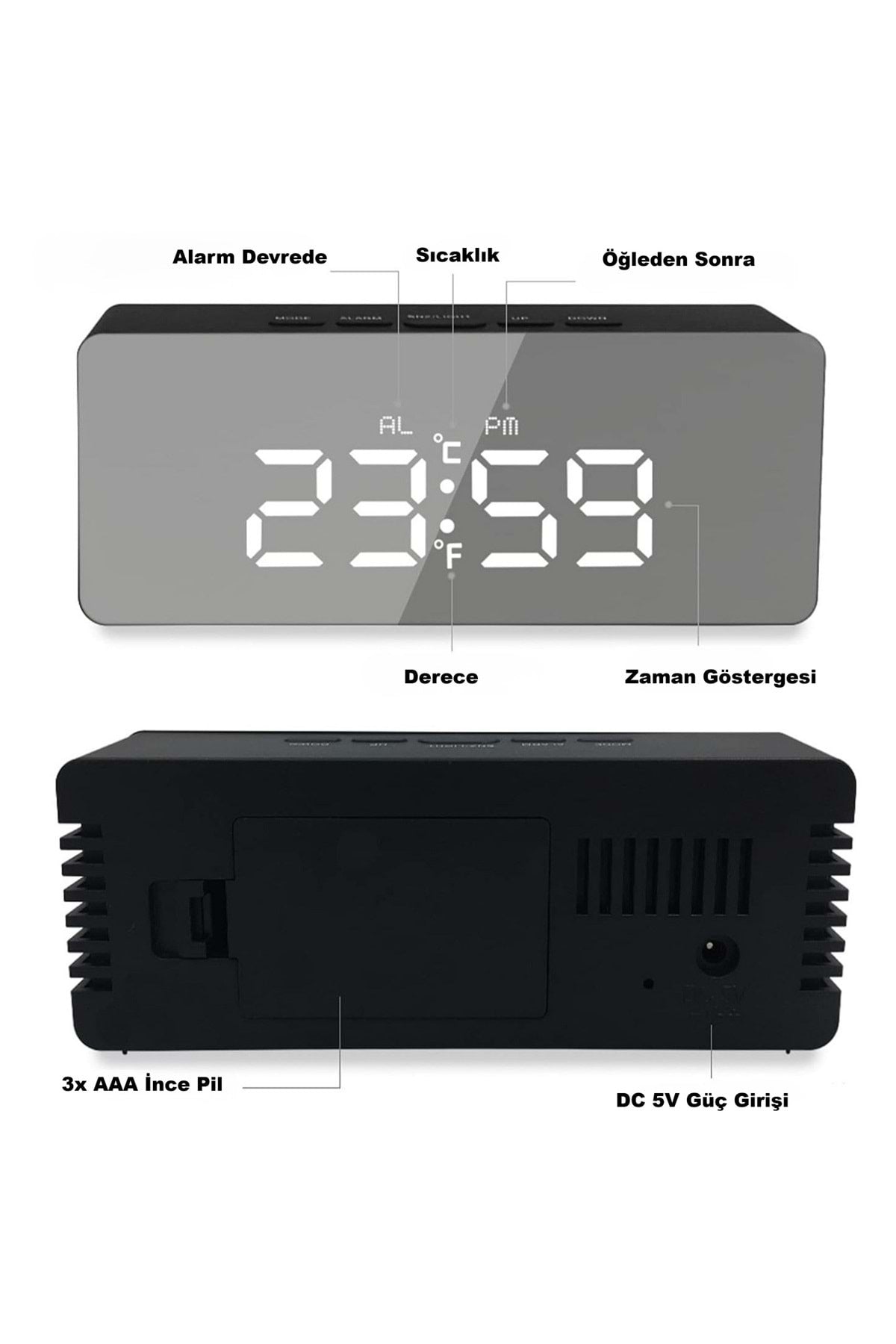 HyMark Dijital Çalar Saat Usb/Pil Aynalı LED Termometre Alarm Gece Modlu Eletronik Saat