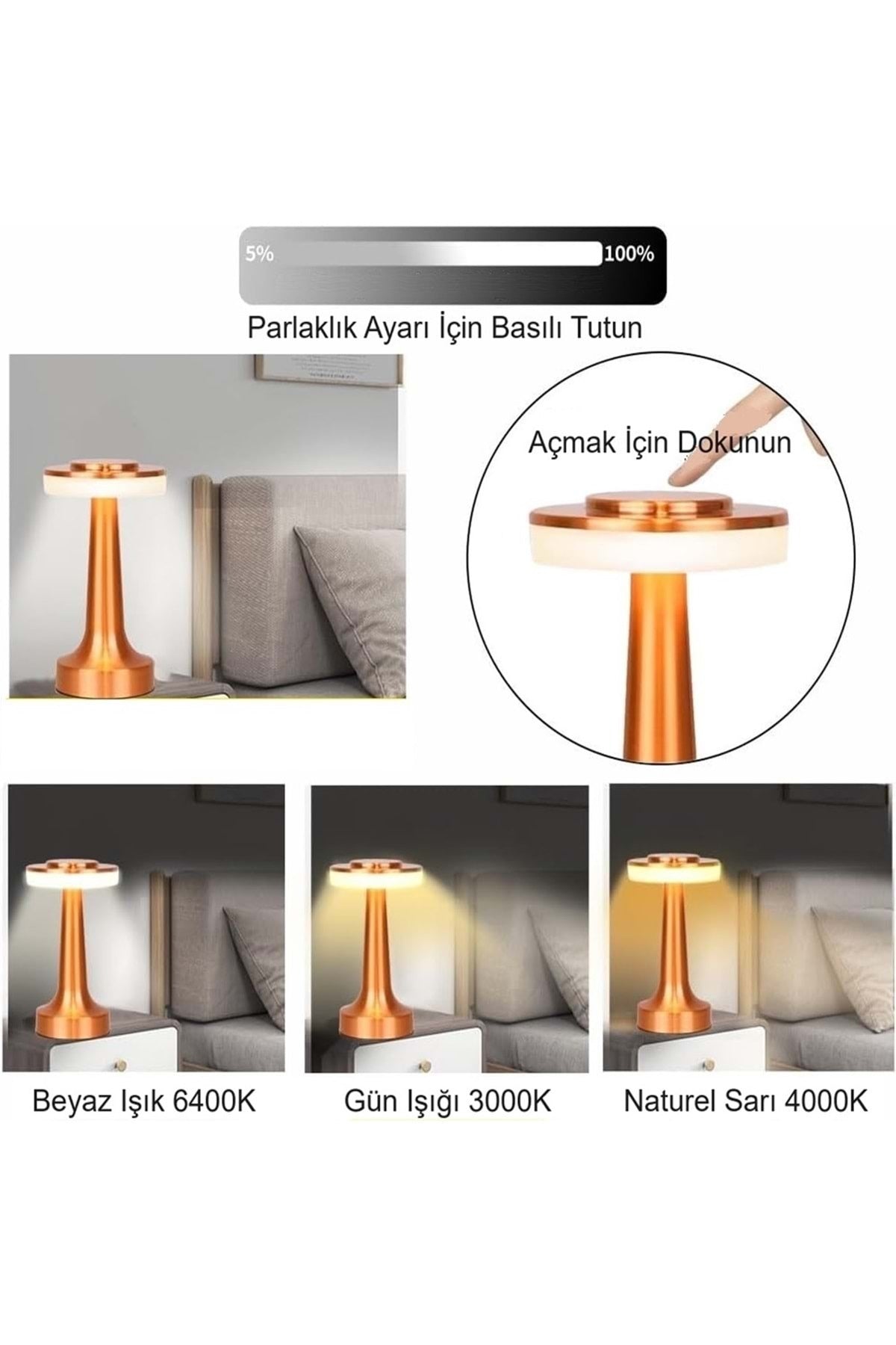 HyMark Retro Şarjlı Dekoratif Dokunmatik Metal Masa Lambası 3 Renk Mod Dim Edilebilir