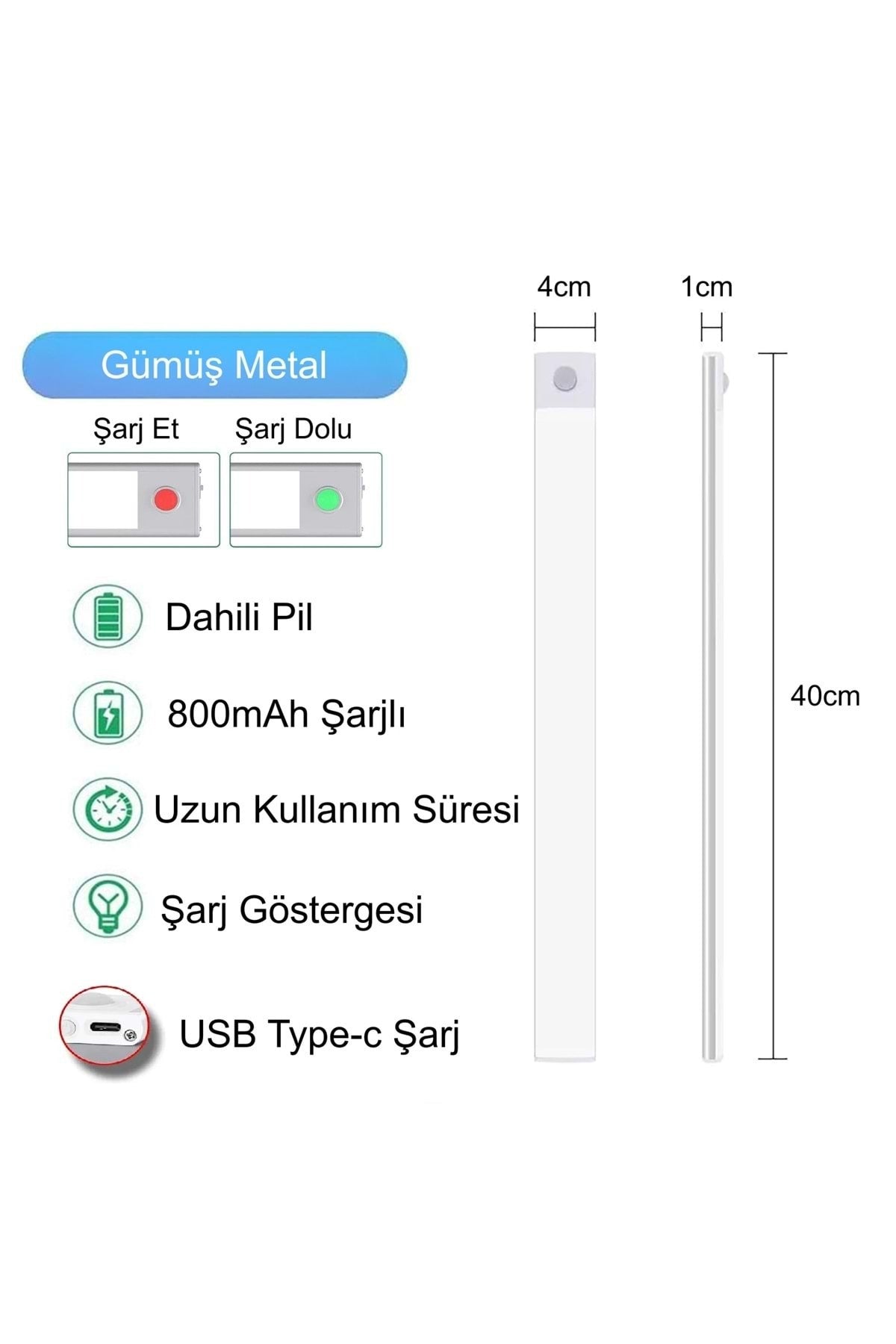 HyMark 40cm Sensörlü Alüminyum USB Şarjlı LED Gece Lambası 3 Renk Kısılabilir Mutfak Dolap Tezgah