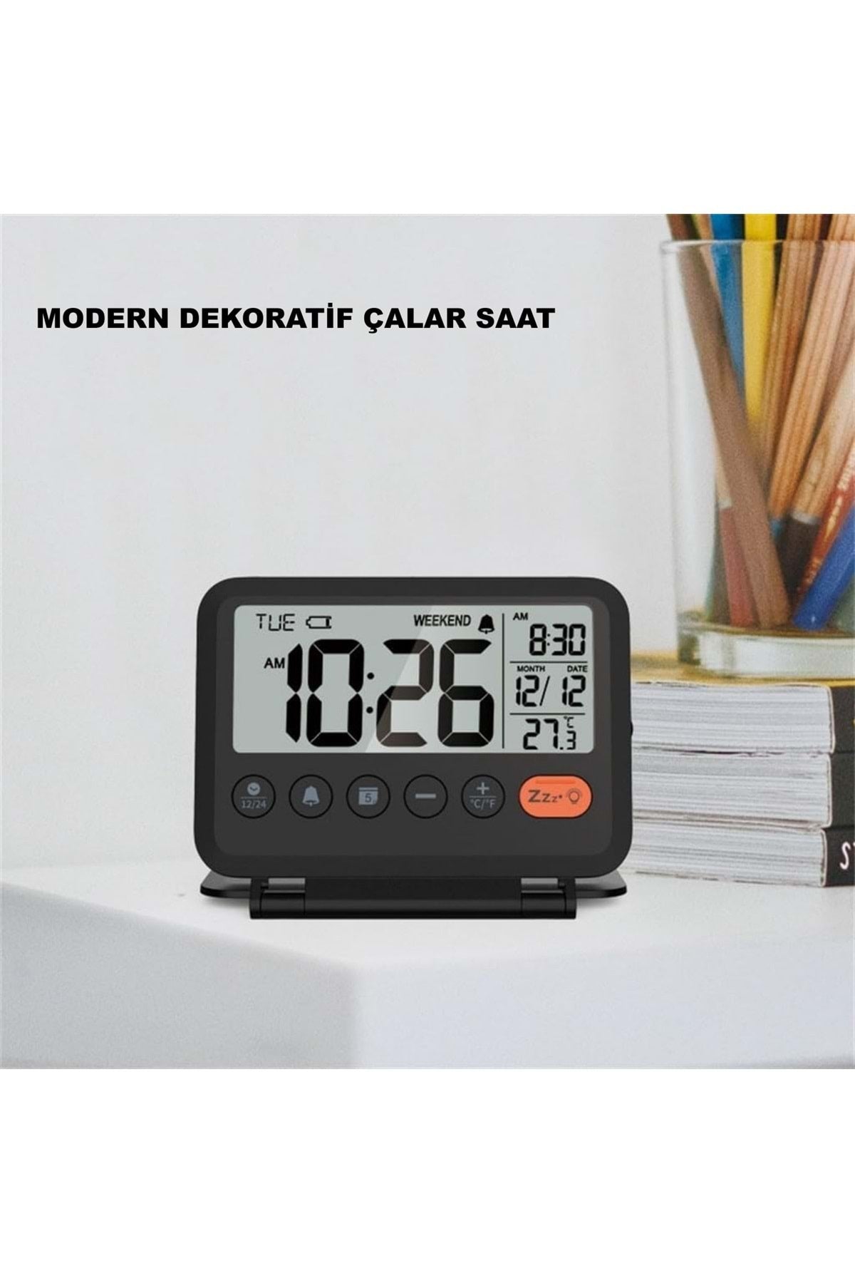 HyMark LCD Katlanır 10x8cm Dijital Masa Saati Çalar Saat Takvim Sıcaklık Led Pilli Seyahat Ofis Ev