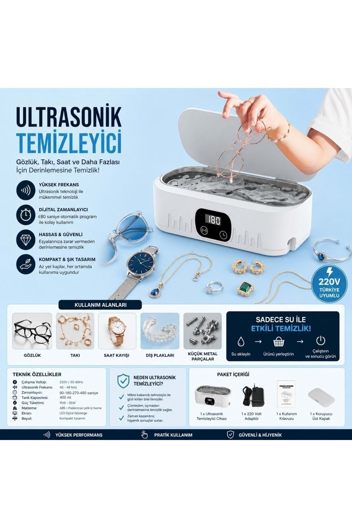 HyMark Ultrasonik Temizleyici Gözlük Takı Temizleme Makinesi 220V Dijital Ultrasonik Yıkama Cihazı