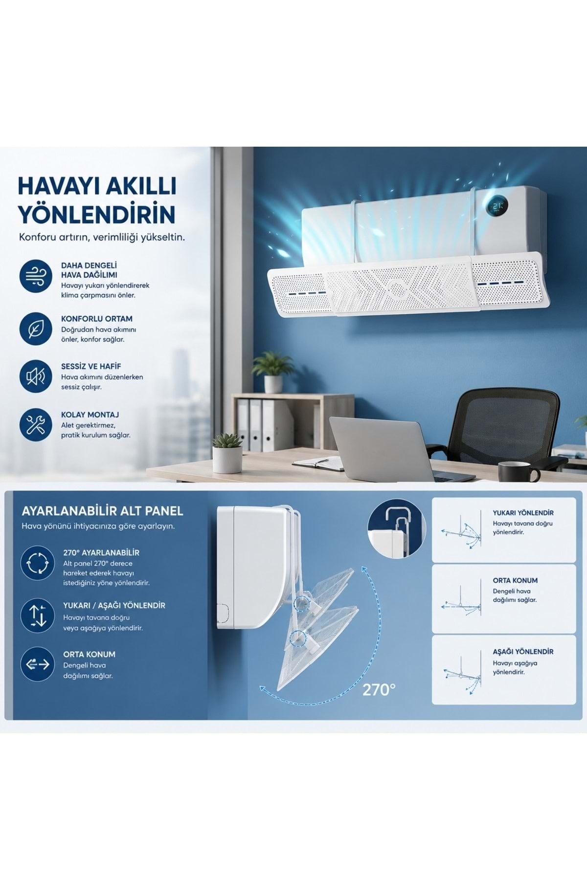 HyMark Askılı Ayarlanabilir 56-95cm Klima Yönlendirici Aparat Klima Rüzgar Önleyici Deflektör