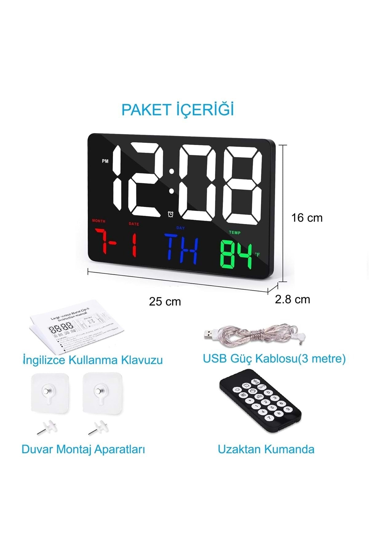 HyMark Dijital Duvar Saati Renkli HD LED Ekran 25X16 Cm Tarih Gün Sıcaklık Alarm USB Dekoratif