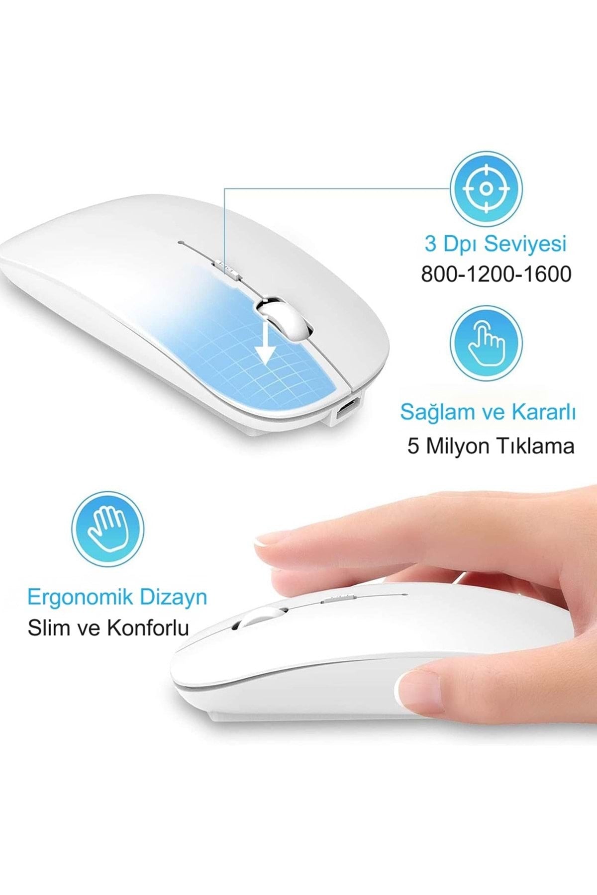HyMark Sessiz Tıklama Şarjlı Çift Modlu Bluetooth Kablosuz 2.4Ghz Beyaz Mouse