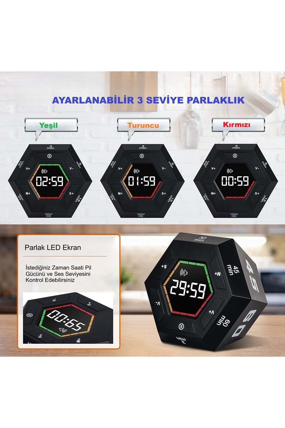 HyMark Altıgen Dijital Geri Sayım Zamanlayıcı LED Ekranlı Görsel Zaman Kontrol Mutfak Ders Mıknatıs