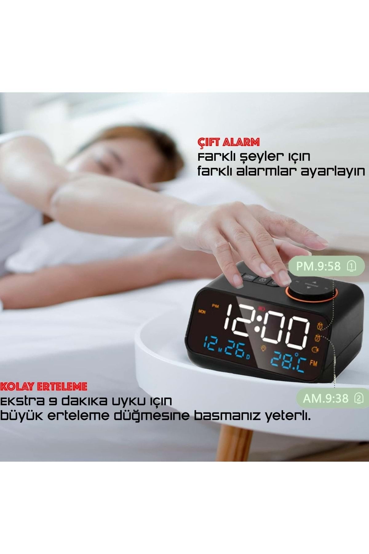 HyMark Dekoratif LED Dijital Saat FM Radyo 2 Alarm Sıcaklık ve Nem Göstergeli Şarjlı Pilli Saat