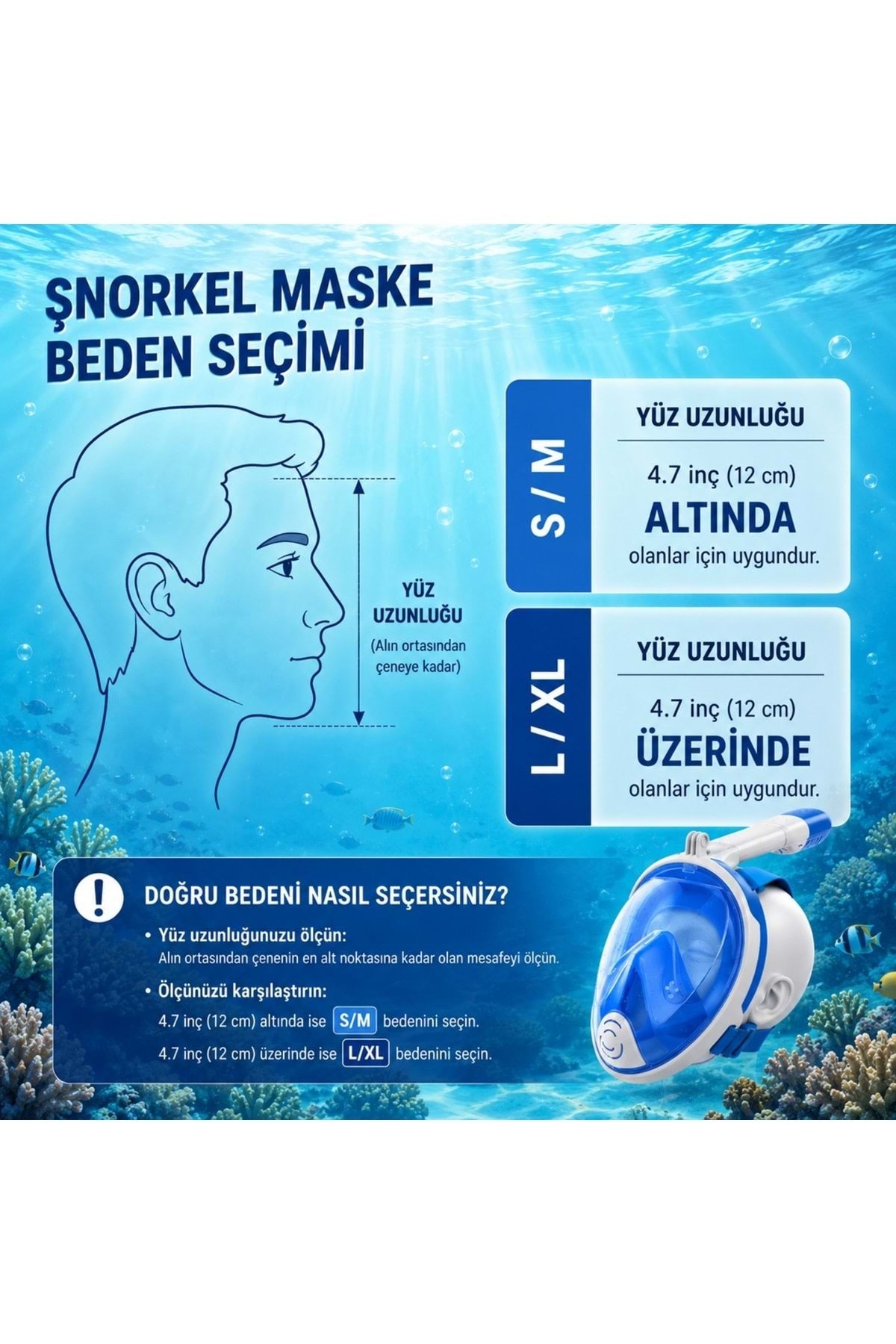 HyMark Tam Yüz Şnorkel Maske (S-M) Beden Panoramik Görüşlü Deniz Gözlüğü Dry Top Sistem Şnorkel Seti