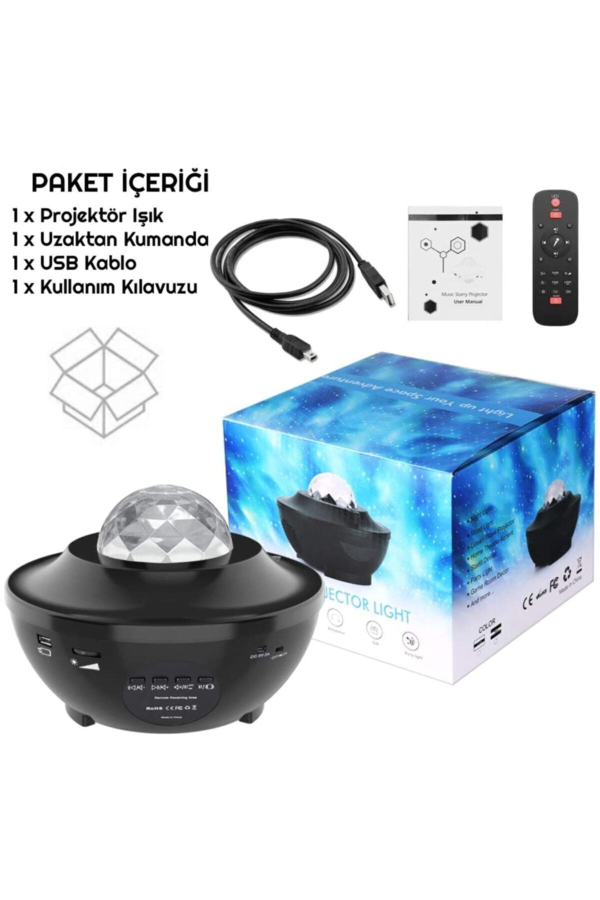HyMark Led Yıldız Bluetooth Hoparlör Usb Projektör Okyanus Dalgası 21 Modlu Gece Lambası