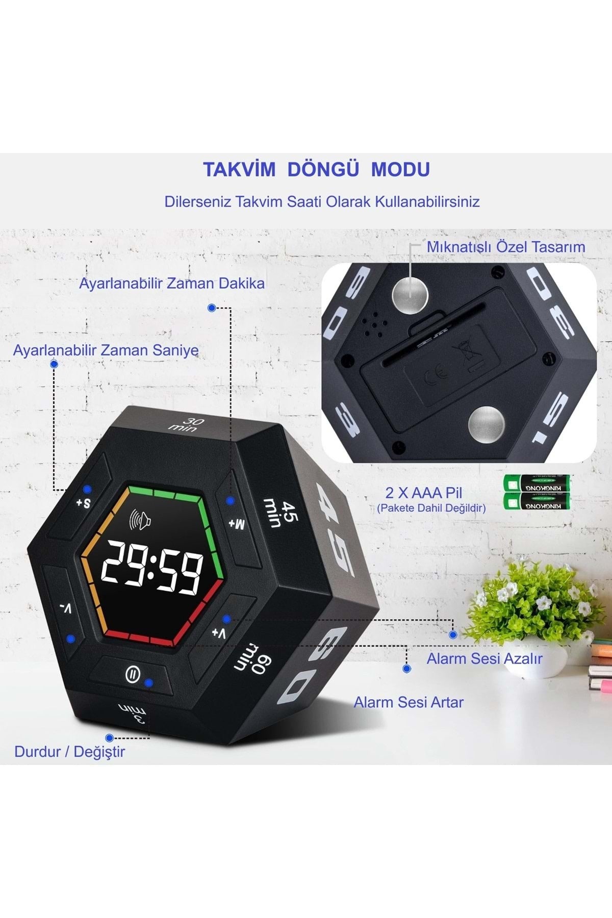 HyMark Altıgen Dijital Geri Sayım Zamanlayıcı LED Ekranlı Görsel Zaman Kontrol Mutfak Ders Mıknatıs