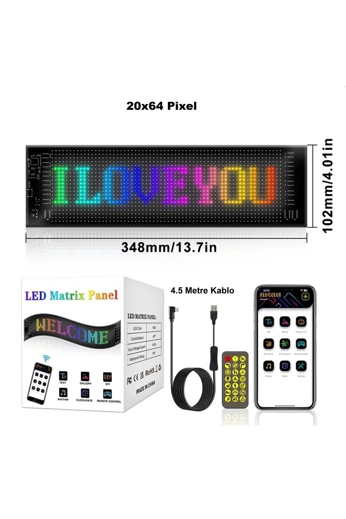 HyMark 35x10cm Programlanabilir LED Matrix Kayan Yazı 20x64 Pixel Emoji Tabela Araba Bluetooth APP