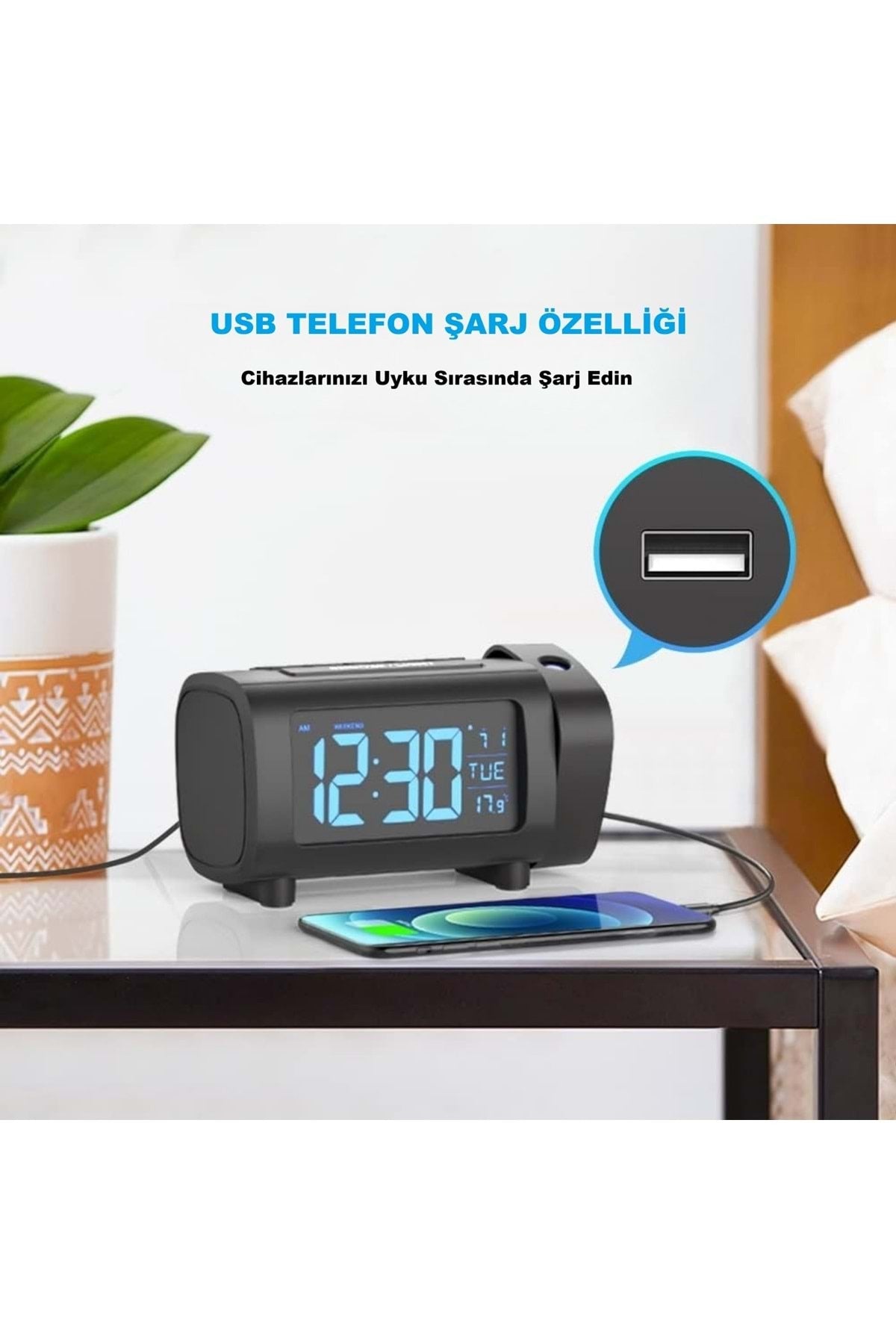 HyMark Mavi Projeksiyonlu Çalar Saat FM Radyo Dijital Saat USB Şarj Sıcaklık 4 Seviye Parlaklık