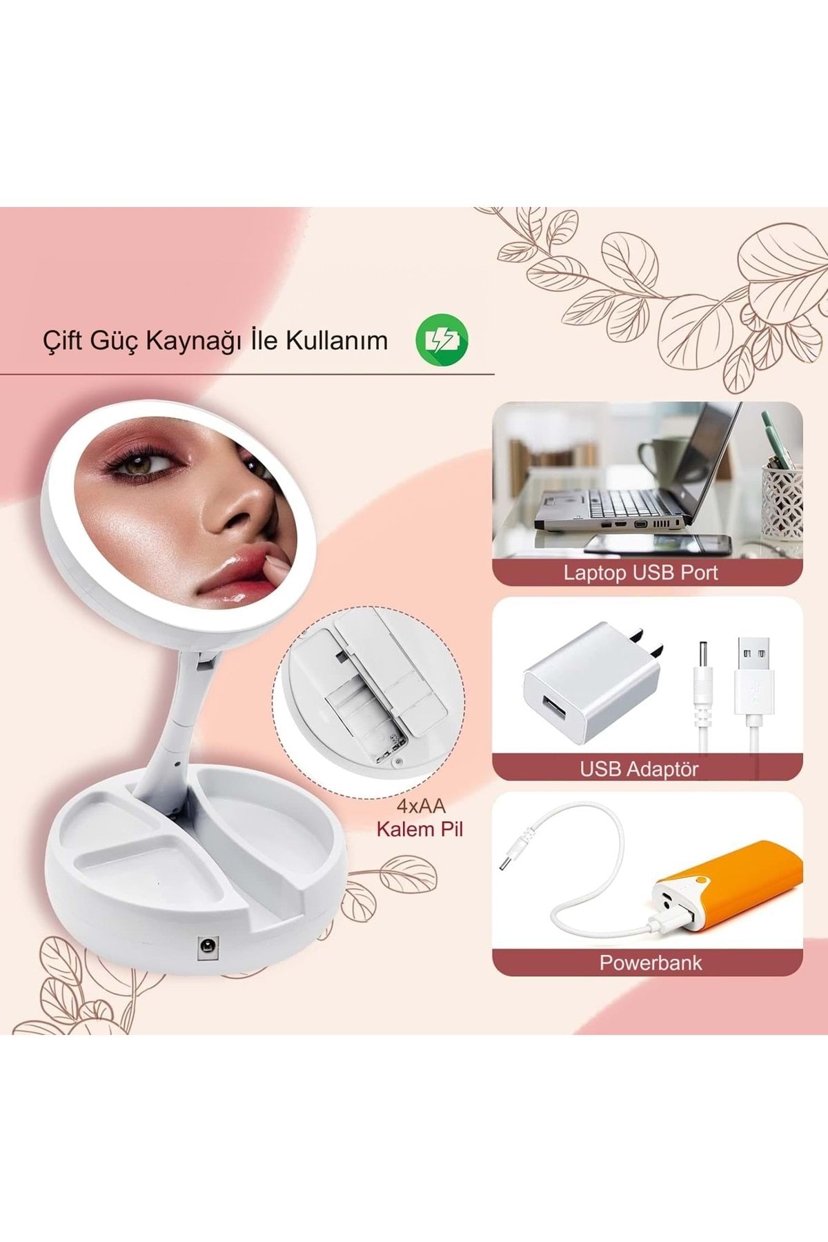 HyMark 10X Büyütme Çift Taraflı Katlanabilir 21 LED Işıklı Makyaj Aynası USB Kablo