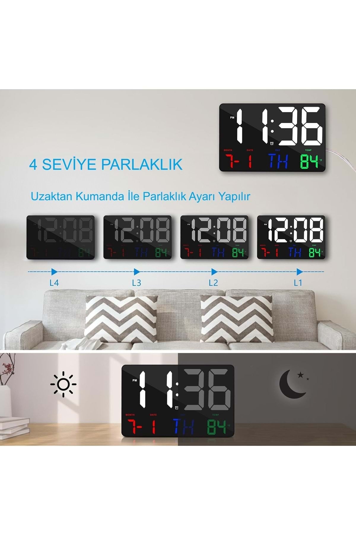 HyMark Dijital Duvar Saati Renkli HD LED Ekran 25X16 Cm Tarih Gün Sıcaklık Alarm USB Dekoratif