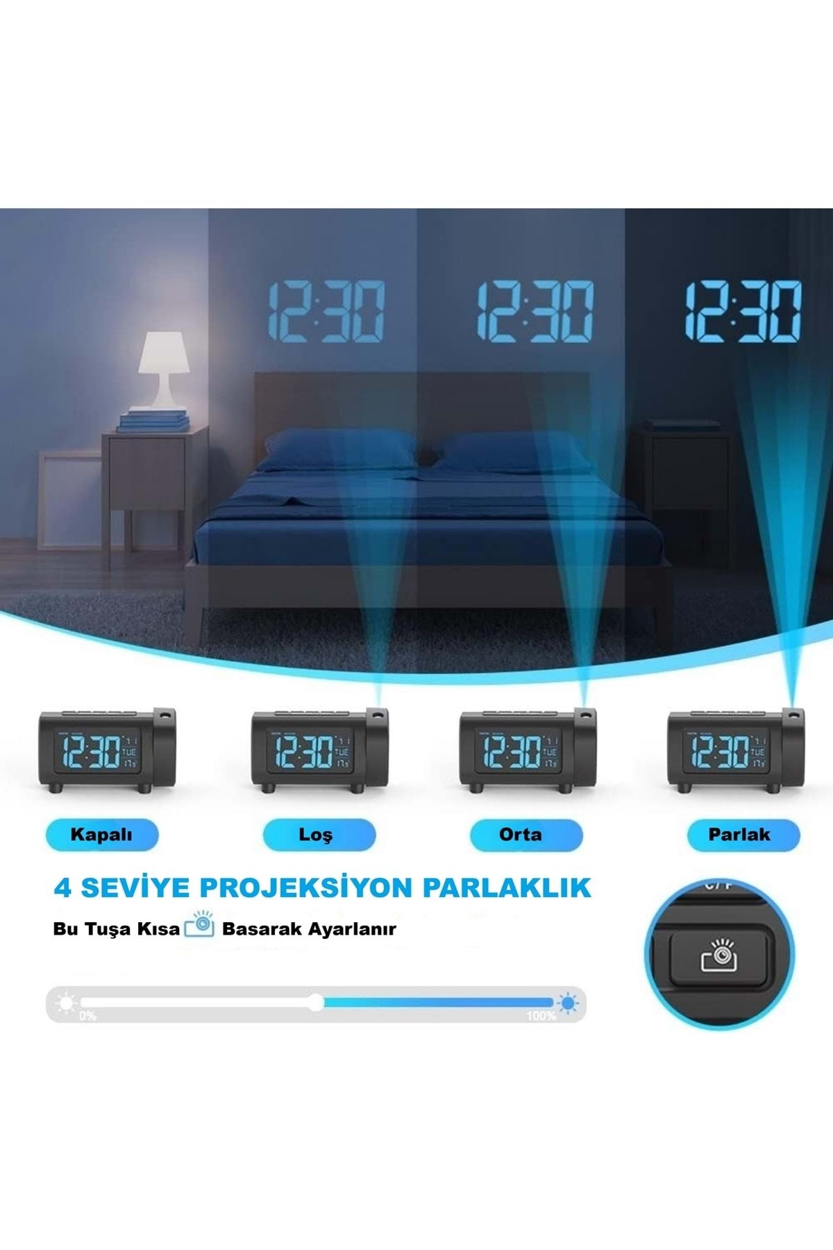 HyMark Mavi Projeksiyonlu Çalar Saat FM Radyo Dijital Saat USB Şarj Sıcaklık 4 Seviye Parlaklık