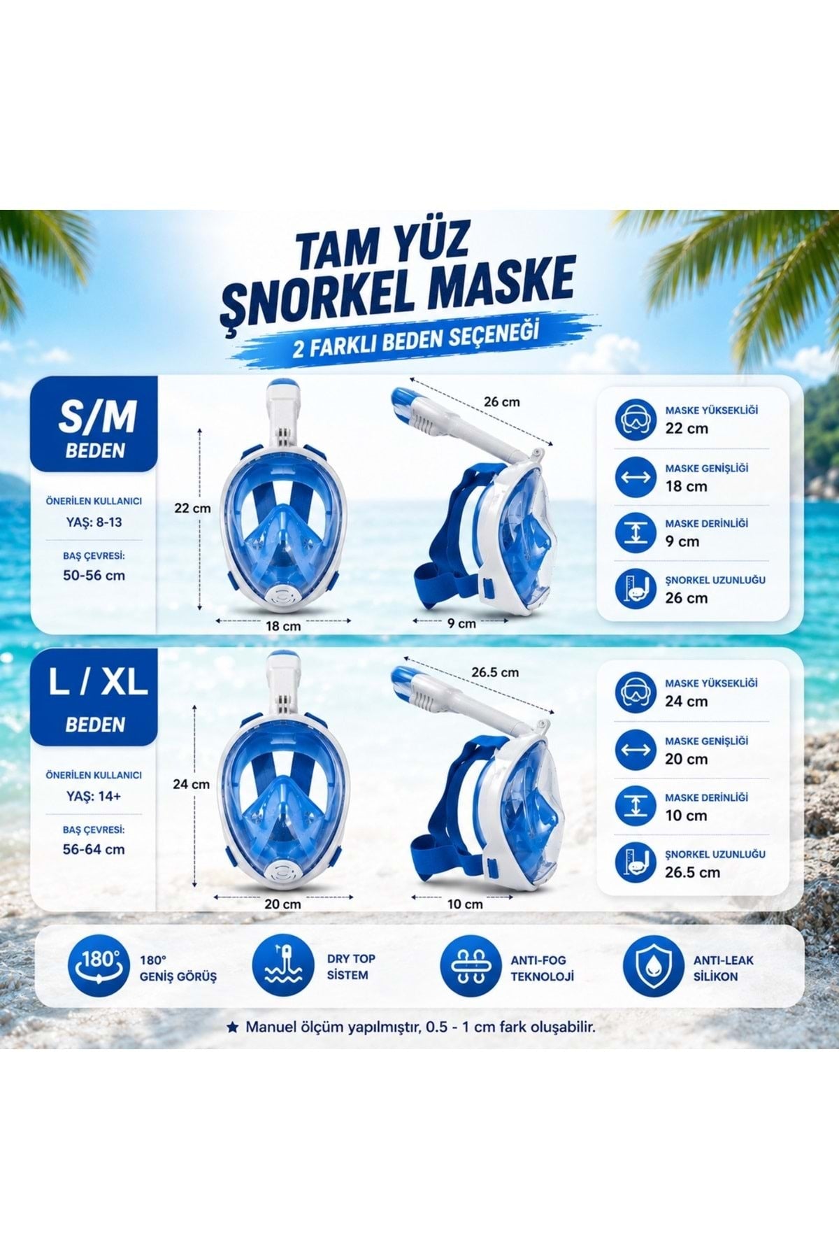 HyMark Tam Yüz Şnorkel Maske (S-M) Beden Panoramik Görüşlü Deniz Gözlüğü Dry Top Sistem Şnorkel Seti