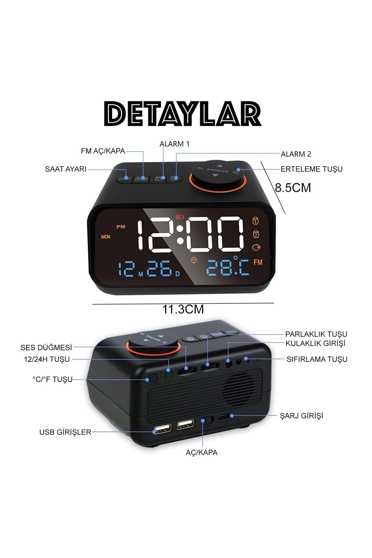 HyMark Dekoratif LED Dijital Saat FM Radyo 2 Alarm Sıcaklık ve Nem Göstergeli Şarjlı Pilli Saat