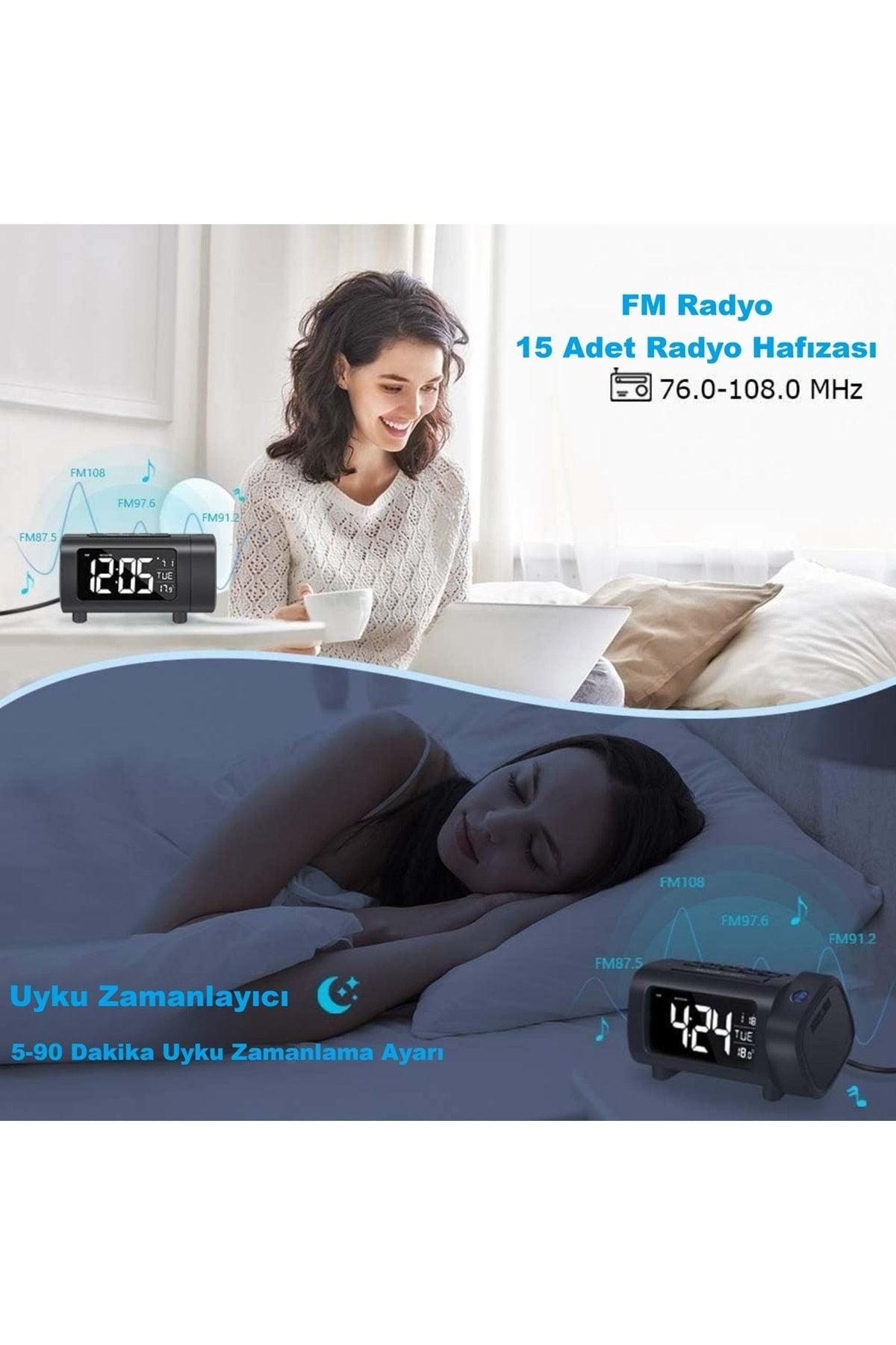 HyMark Mavi Projeksiyonlu Çalar Saat FM Radyo Dijital Saat USB Şarj Sıcaklık 4 Seviye Parlaklık