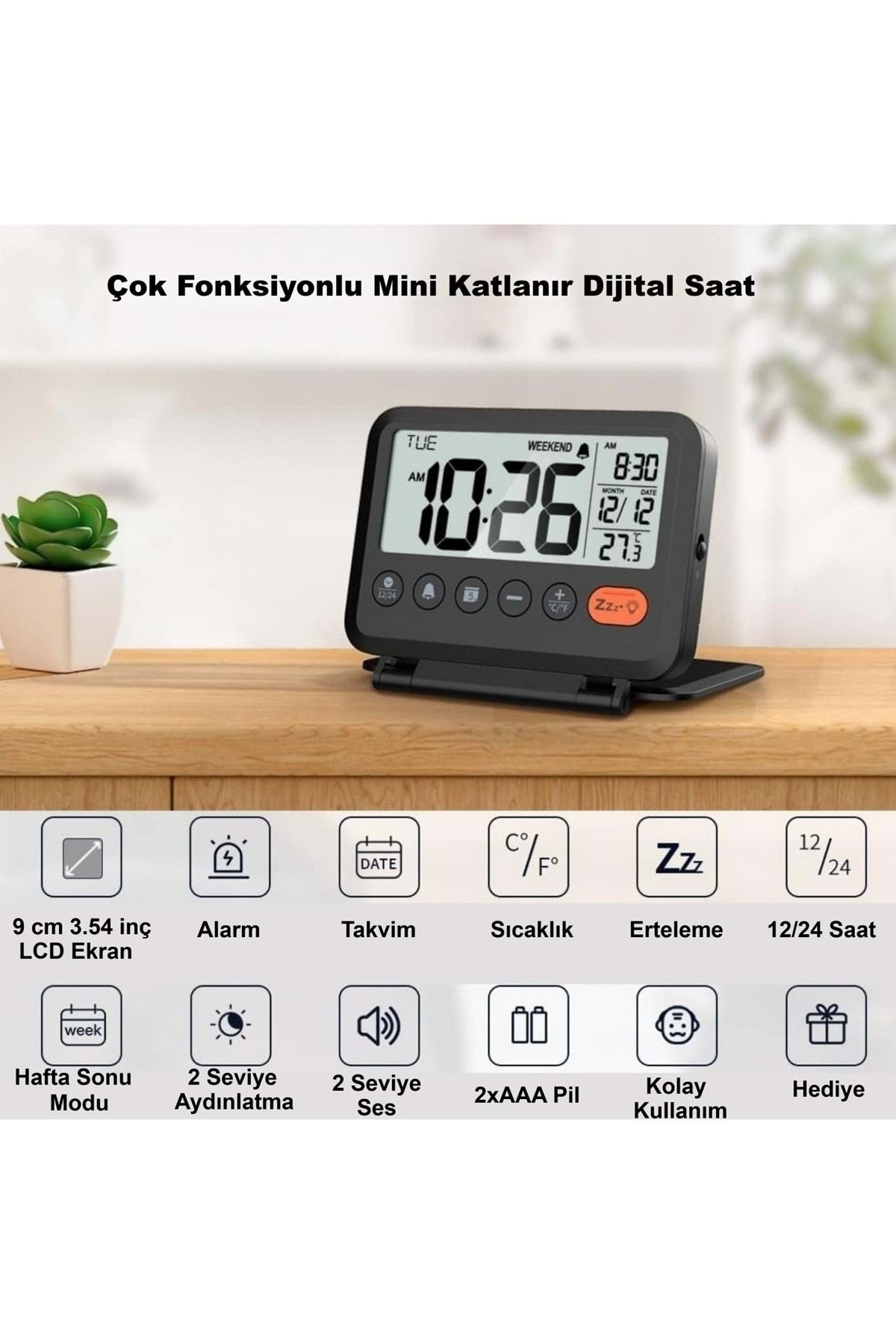 HyMark LCD Katlanır 10x8cm Dijital Masa Saati Çalar Saat Takvim Sıcaklık Led Pilli Seyahat Ofis Ev