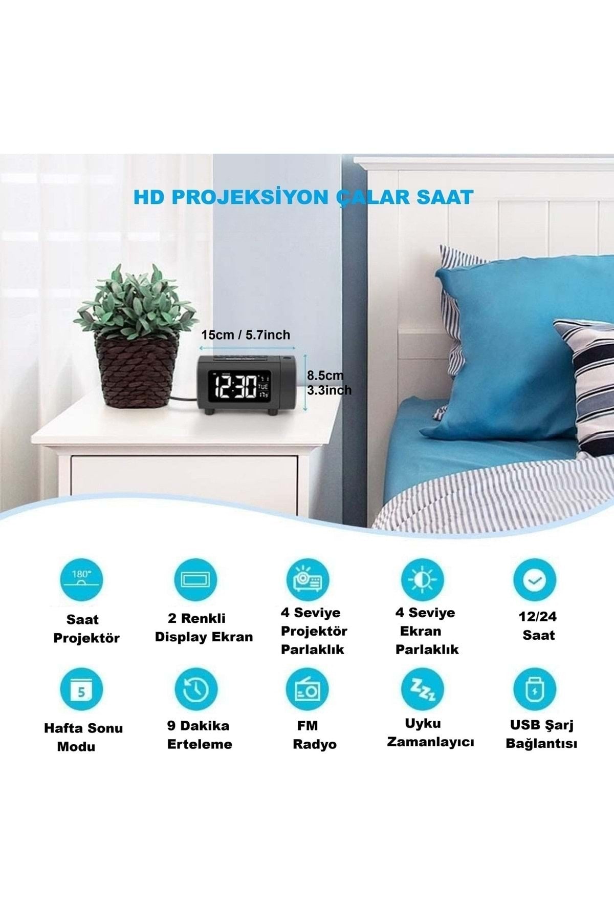HyMark Mavi Projeksiyonlu Çalar Saat FM Radyo Dijital Saat USB Şarj Sıcaklık 4 Seviye Parlaklık