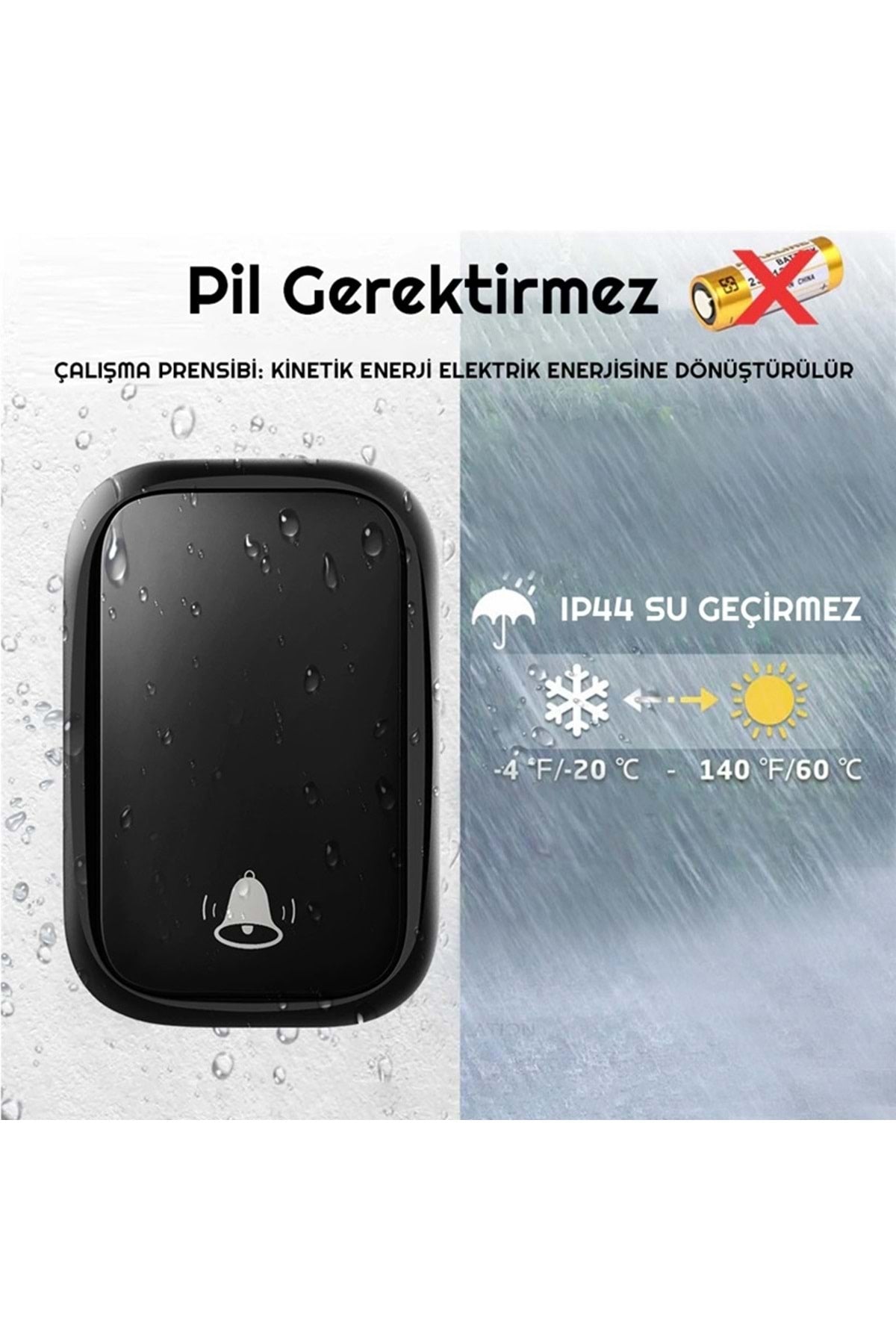 HyMark Kablosuz Led Kapı Zili 1 Buton 1 Zil 1 Koruyucu Kapak Pilsiz 150 Metre Çekim 60 Zil Tonu
