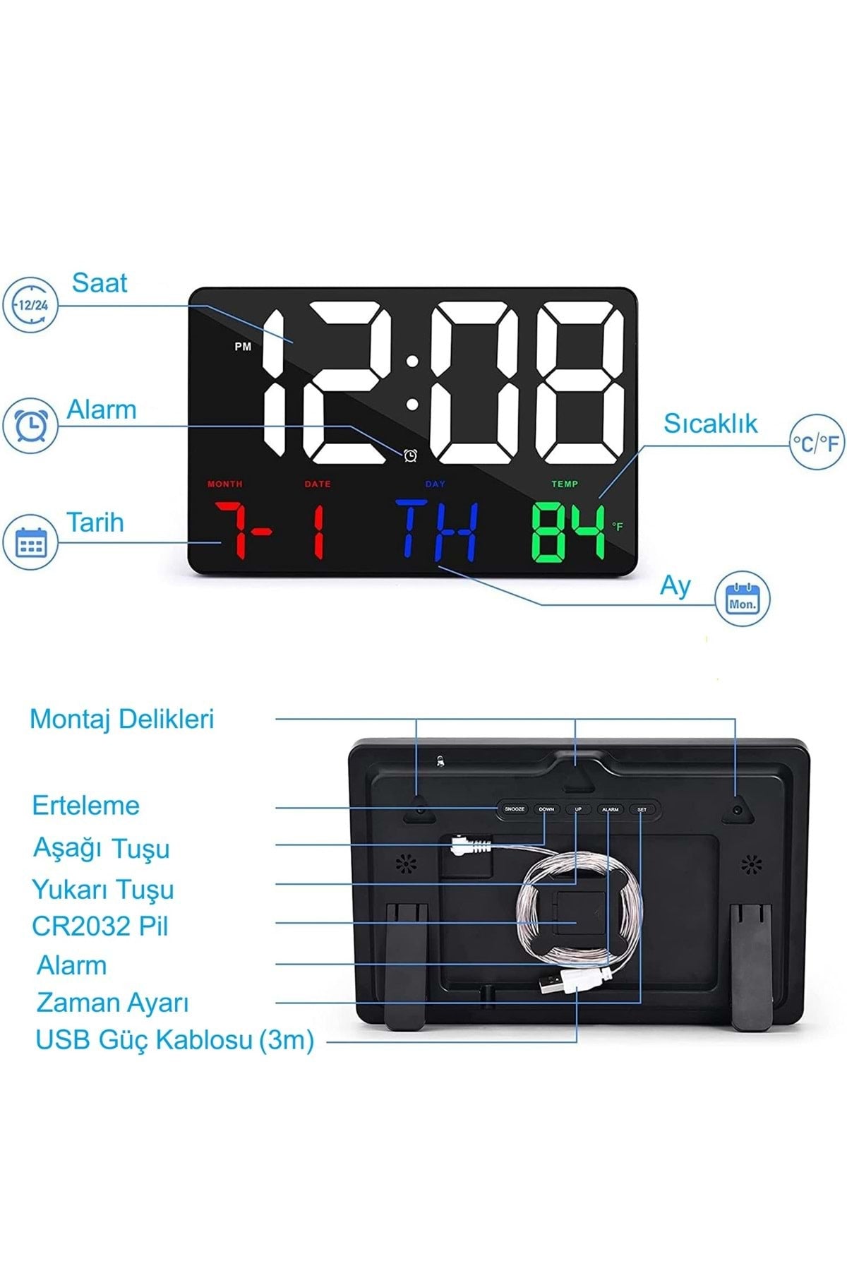 HyMark Dijital Duvar Saati Renkli HD LED Ekran 25X16 Cm Tarih Gün Sıcaklık Alarm USB Dekoratif