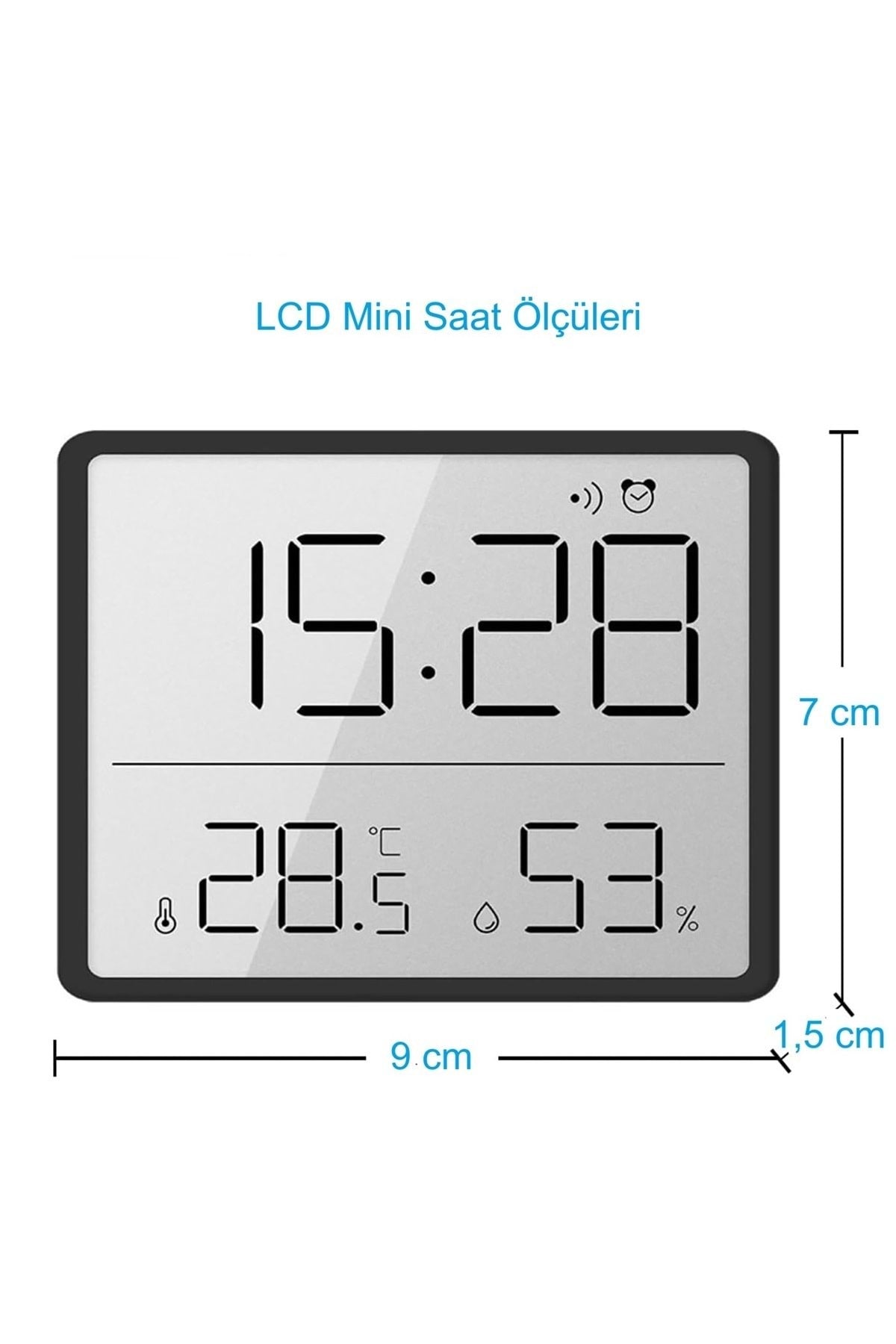 HyMark Mıknatıslı LCD Dijital Ekran 9x7 cm Pilli Mini Saat Alarm Nem Göstergesi Sıcaklık Ölçer