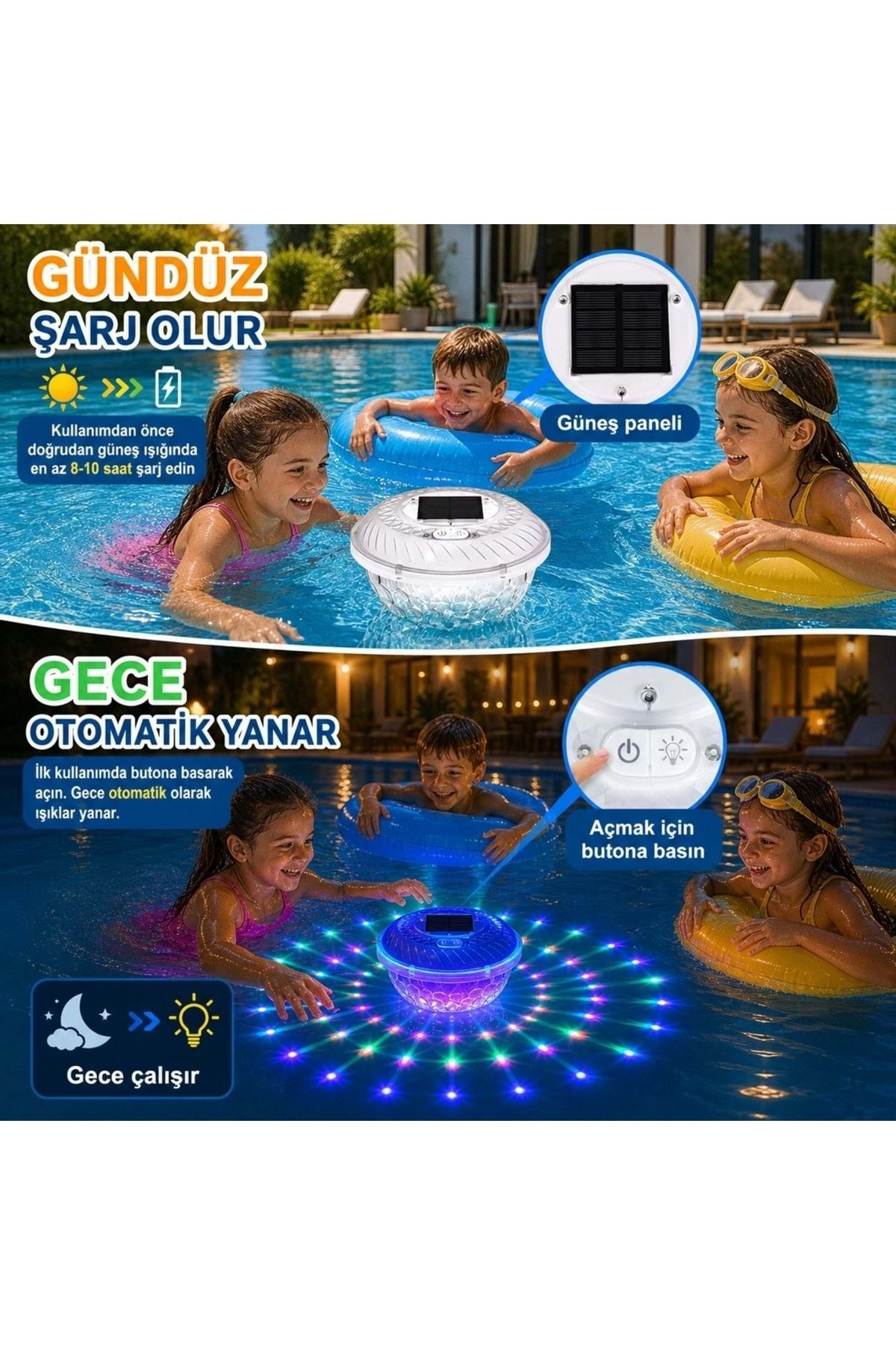 HyMark Güneş Enerjili RGB Uzaktan Kumandalı Su Geçirmez Havuz Klor Şamandırası