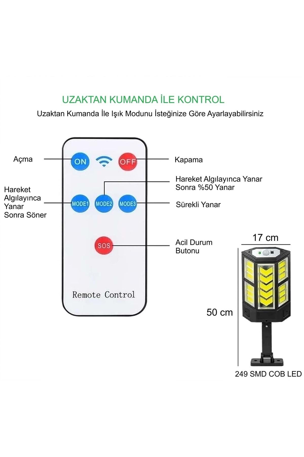 HyMark LED Güneş Enerjili 3 Modlu Şarjlı Kumandalı Solar Aydınlatma Lamba