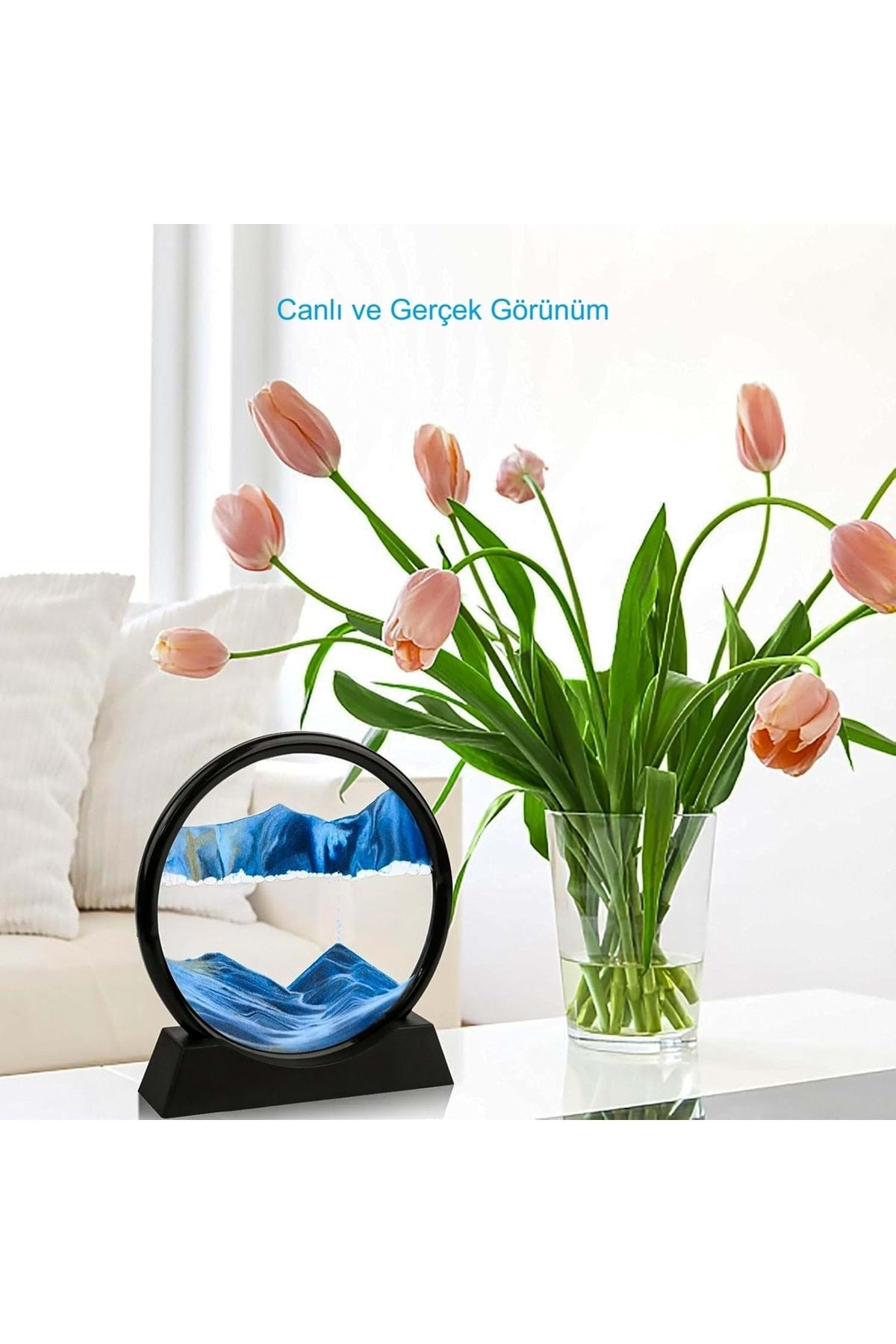 HyMark Hareketli 3D Kum Saati 30cm Büyük Boy Mavi Yuvarlak 12inch Cam Dekoratif Sanatsal Rahatlatıcı