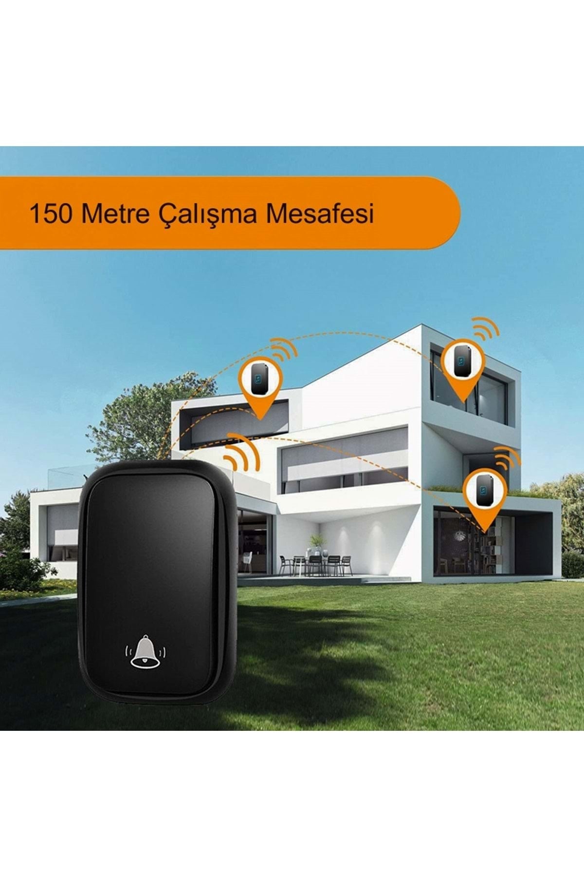 HyMark Kablosuz Led Kapı Zili 1 Buton 1 Zil 1 Koruyucu Kapak Pilsiz 150 Metre Çekim 60 Zil Tonu