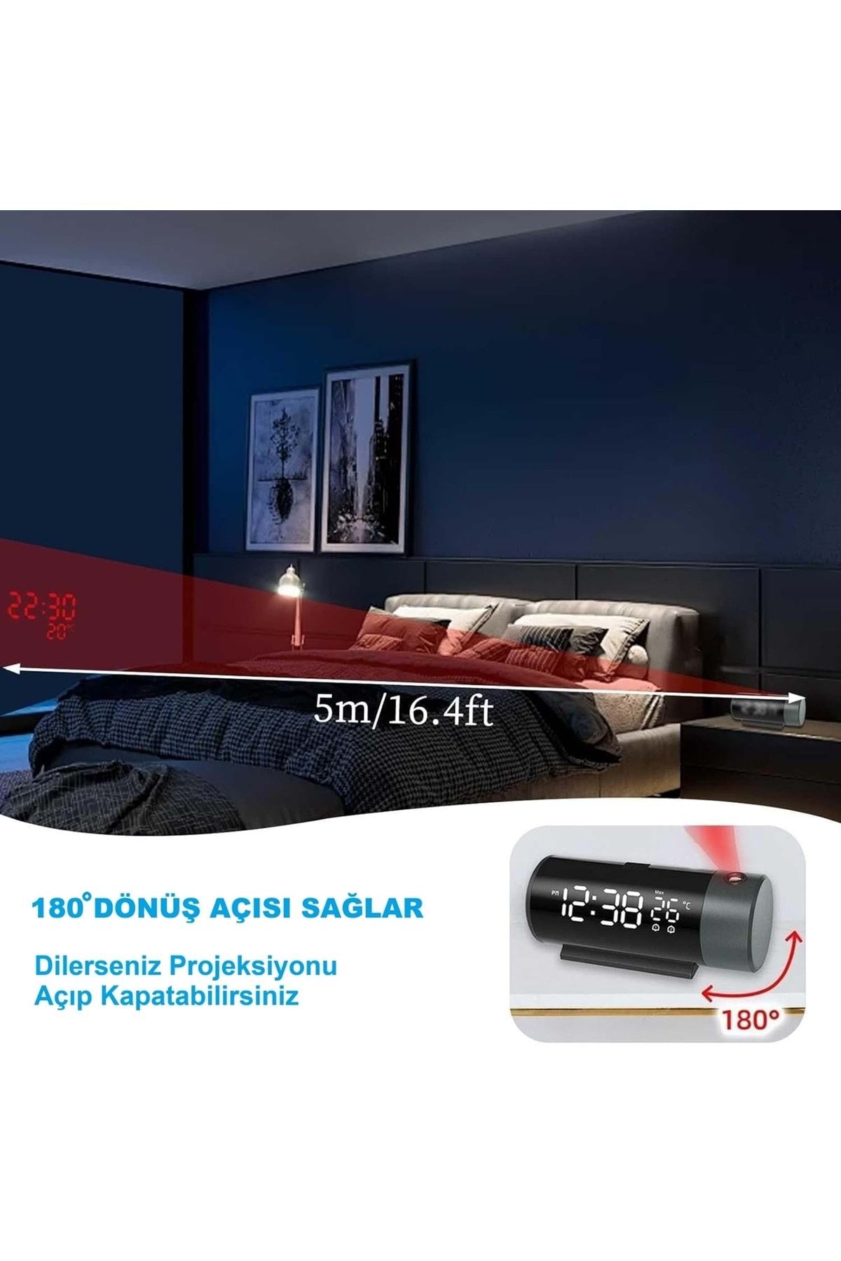 HyMark Projeksiyonlu Silindir USB Güç LED Ekran Çalar Saat Sıcaklık Çift Alarm