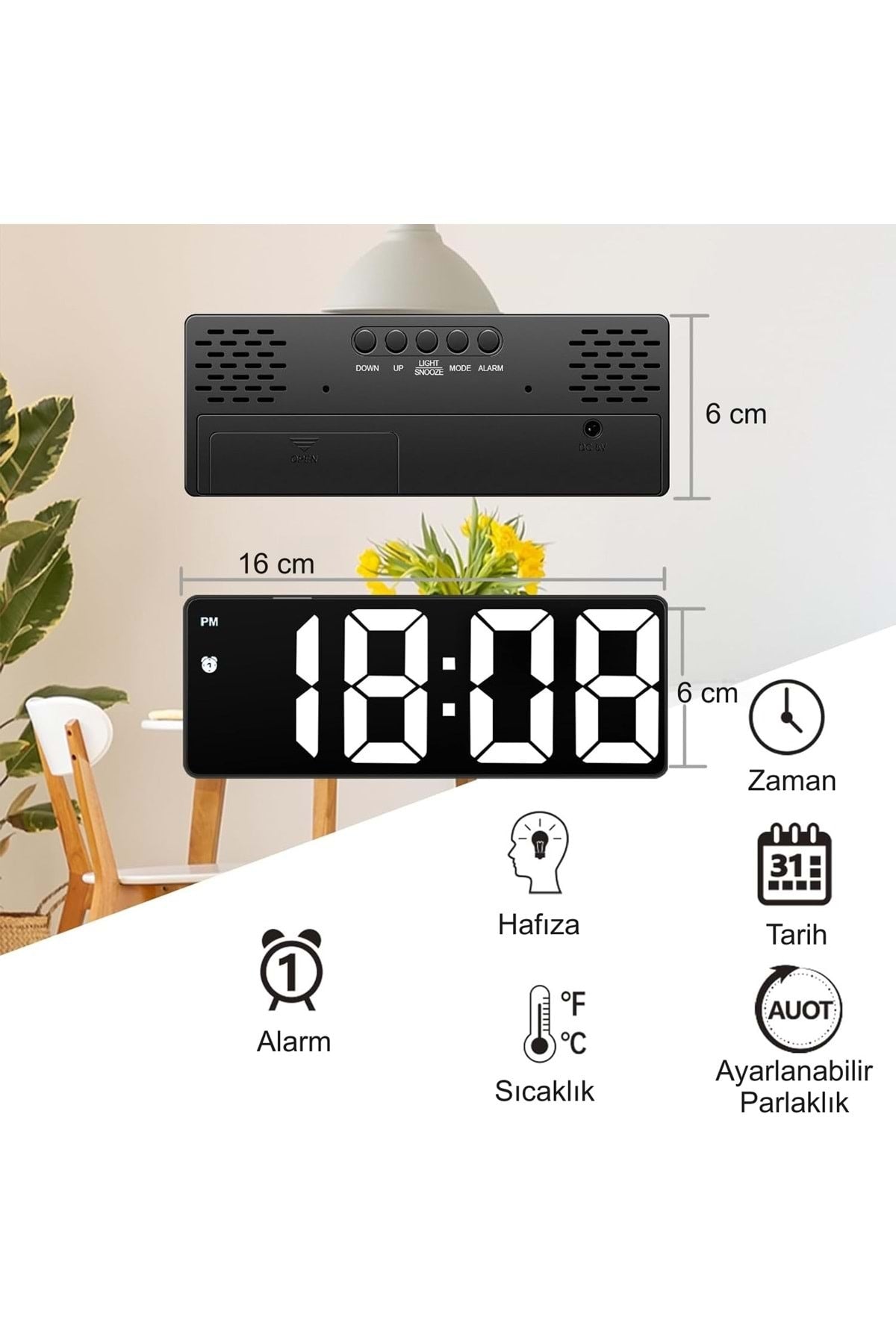 HyMark LED Ekran USB Güç Dijital Aynalı Masa Saati Sıcaklık Alarm Takvim/ADPT